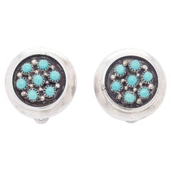 Retro Southwestern Style Sterling Silver & Turquoise Cabochon Clip Earrings