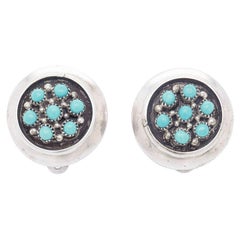 Boucles d'oreilles clip en argent sterling et turquoise de style Southwestern antique