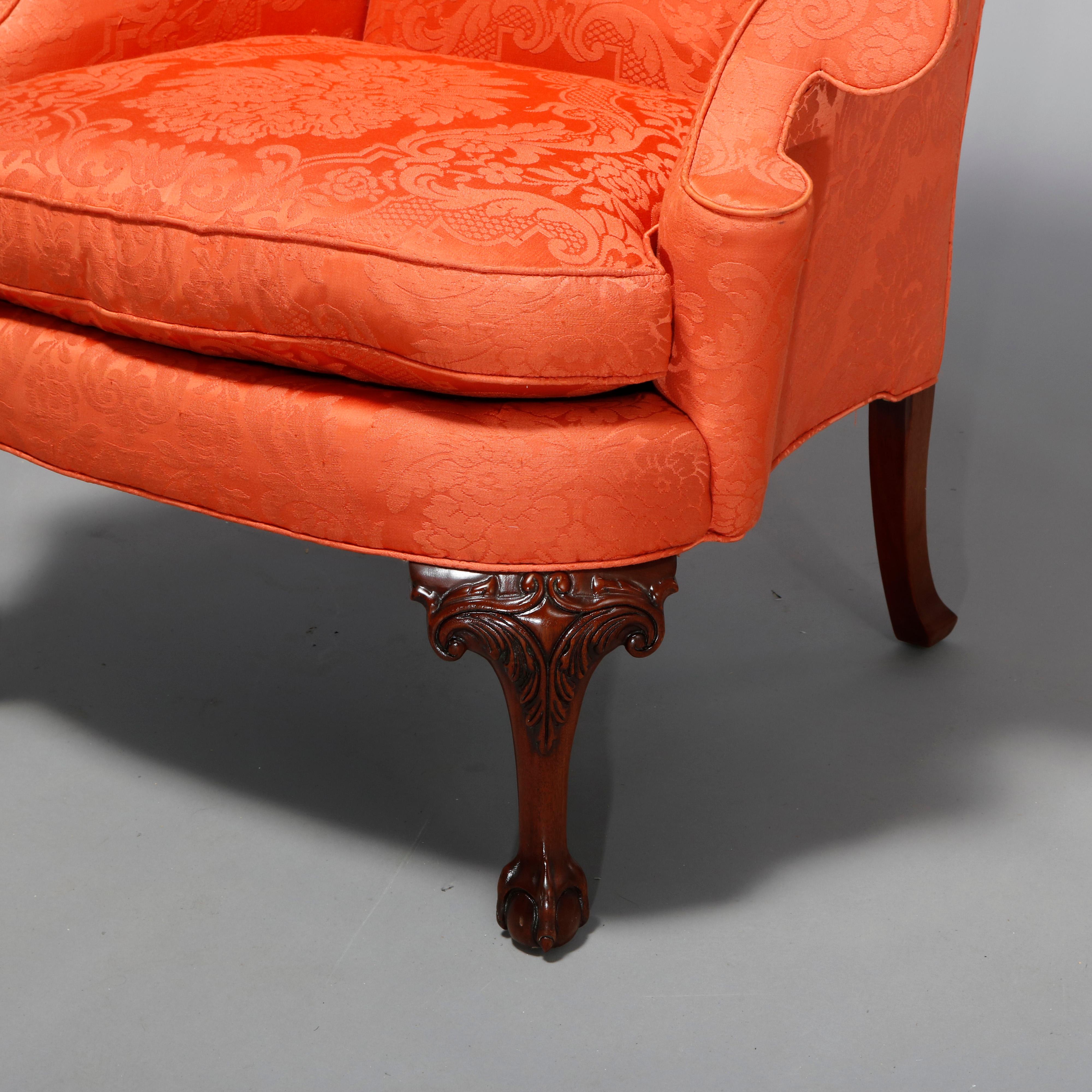 Antique Southwood Mahogany Chippendale Wing Chair with Carved Claw Foot, 20th C In Good Condition In Big Flats, NY