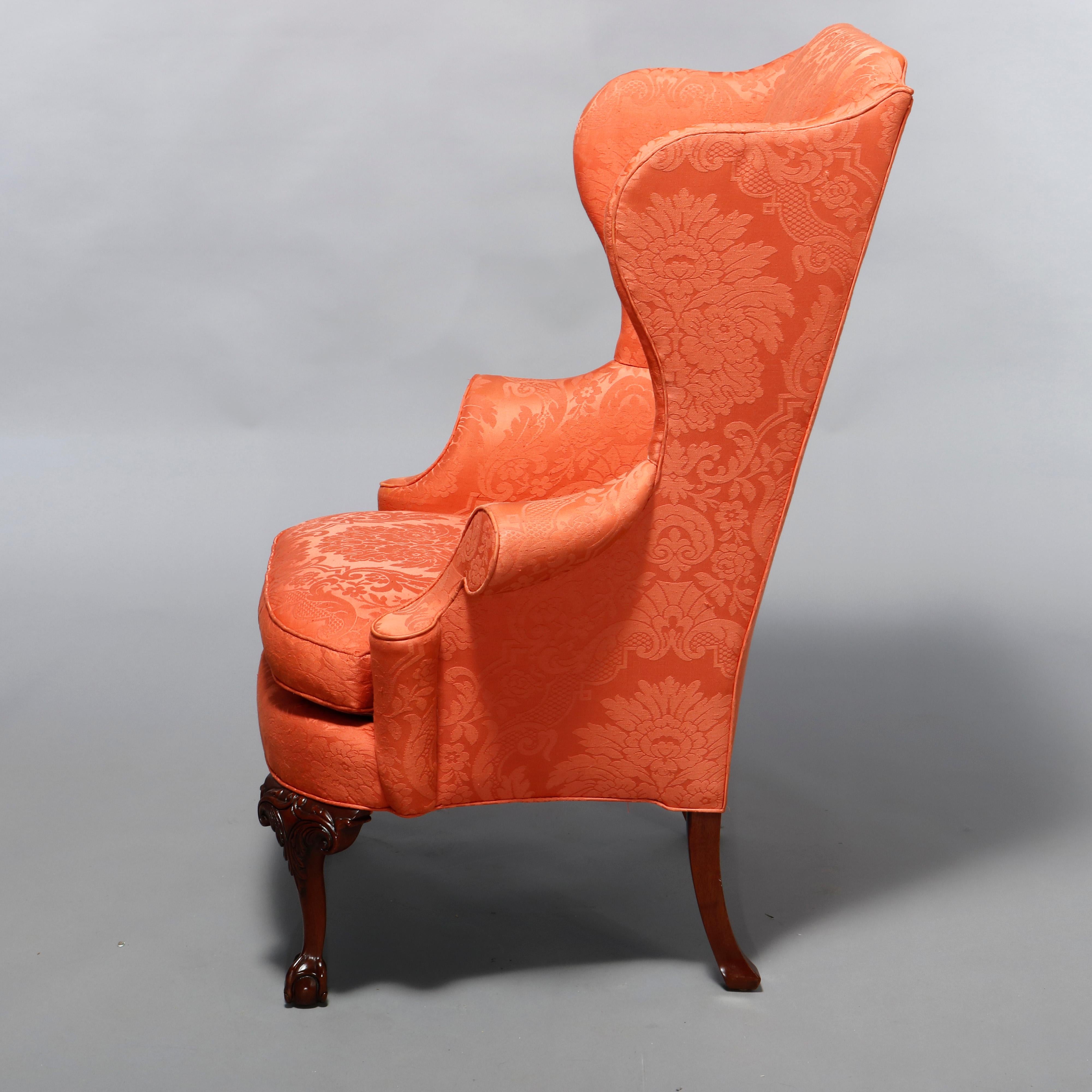 20th Century Antique Southwood Mahogany Chippendale Wing Chair with Carved Claw Foot, 20th C