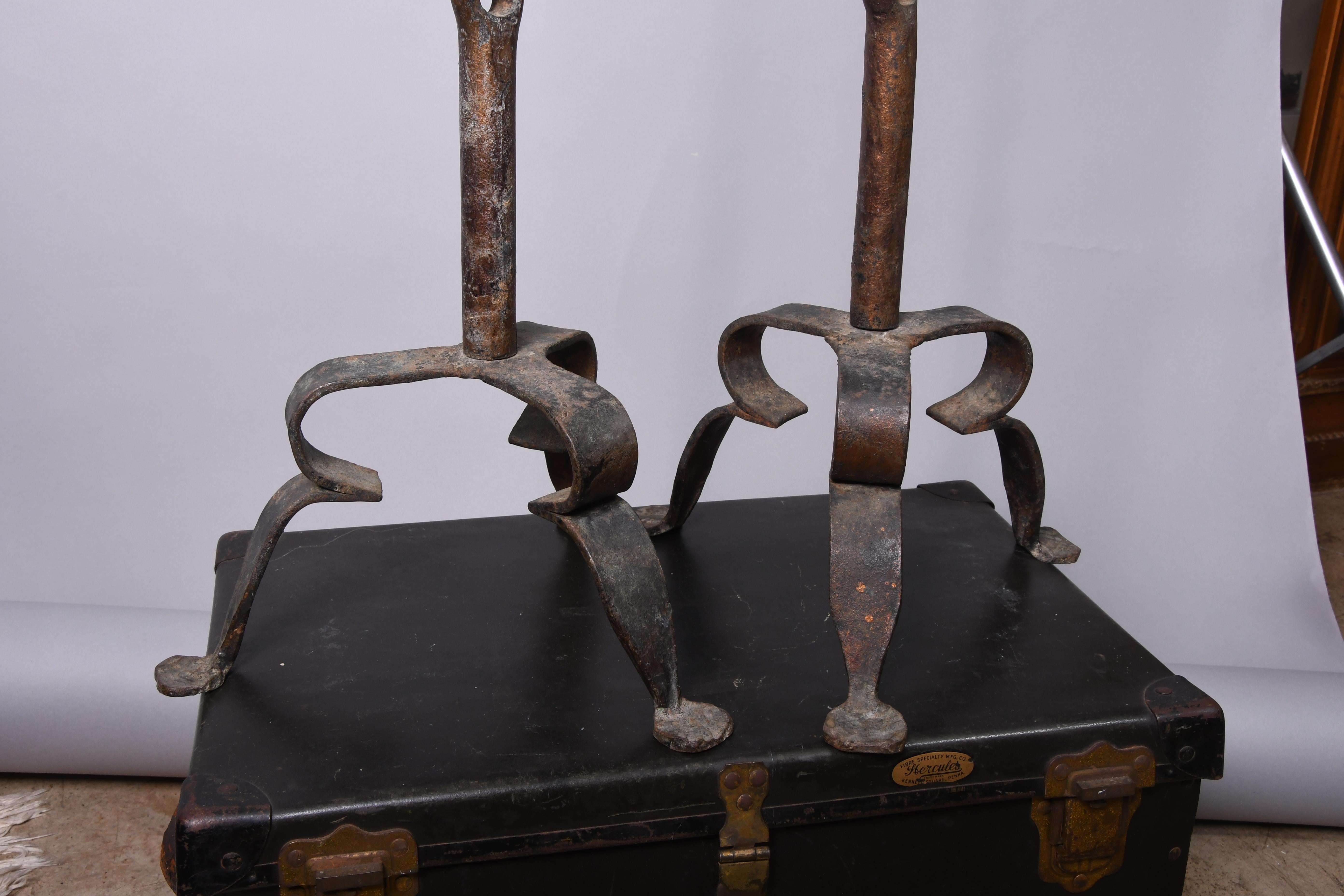 Hammered Antique Spaniard Gothic Revival Wrought Iron Pair of Candleholders Torchieres For Sale