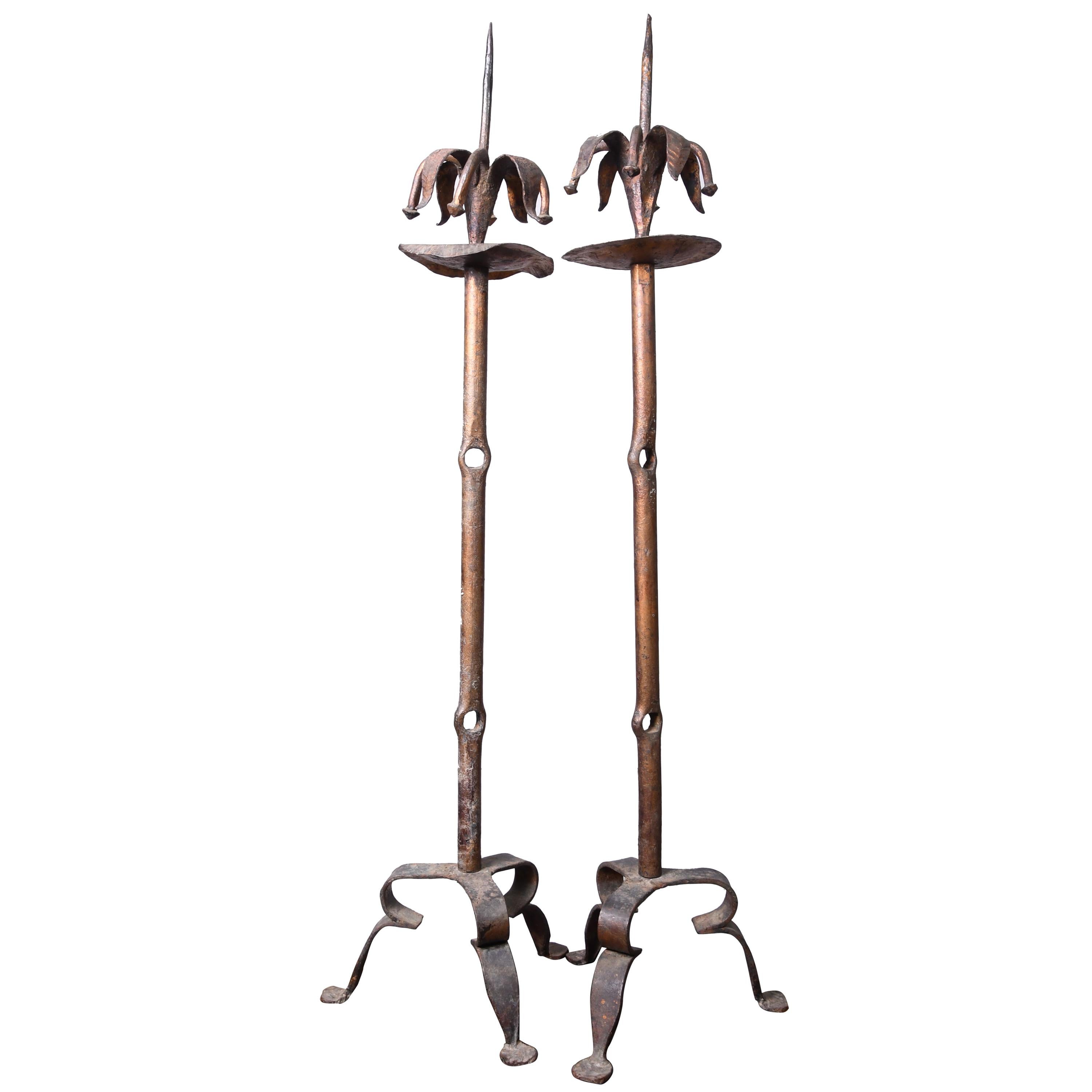 Antique Spaniard Gothic Revival Wrought Iron Pair of Candleholders Torchieres For Sale