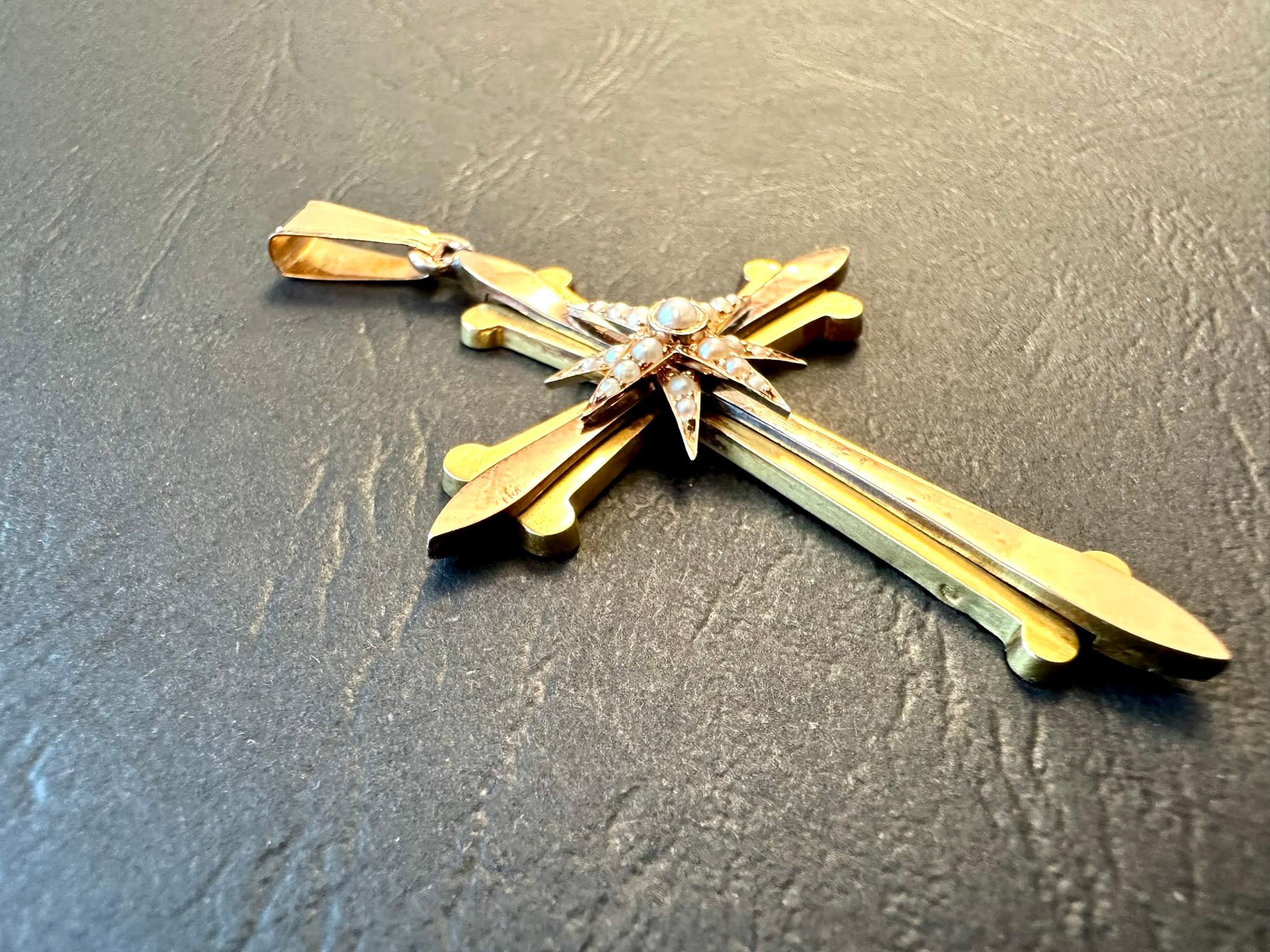 Round Cut Antique Spanish 18 karat Gold Cross with Pearls