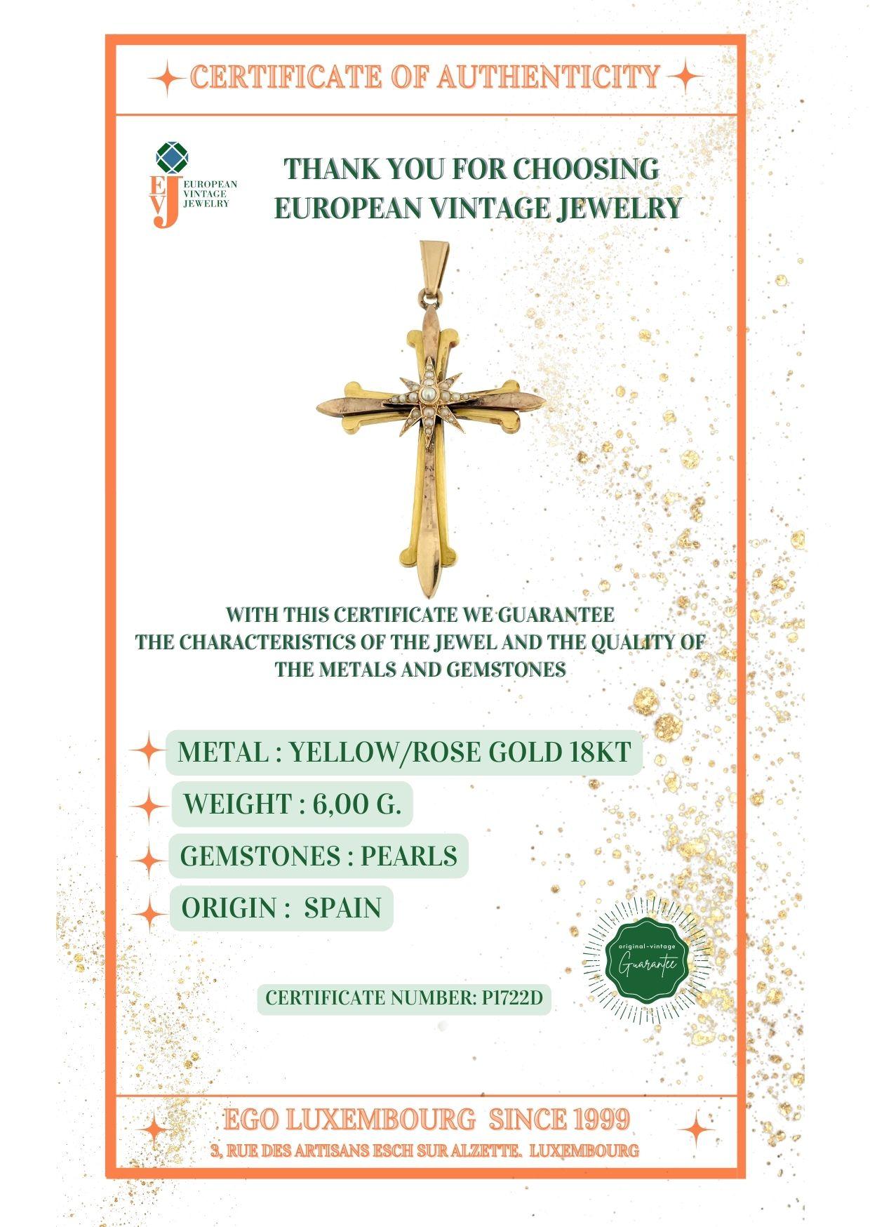 Antique Spanish 18 karat Gold Cross with Pearls 2