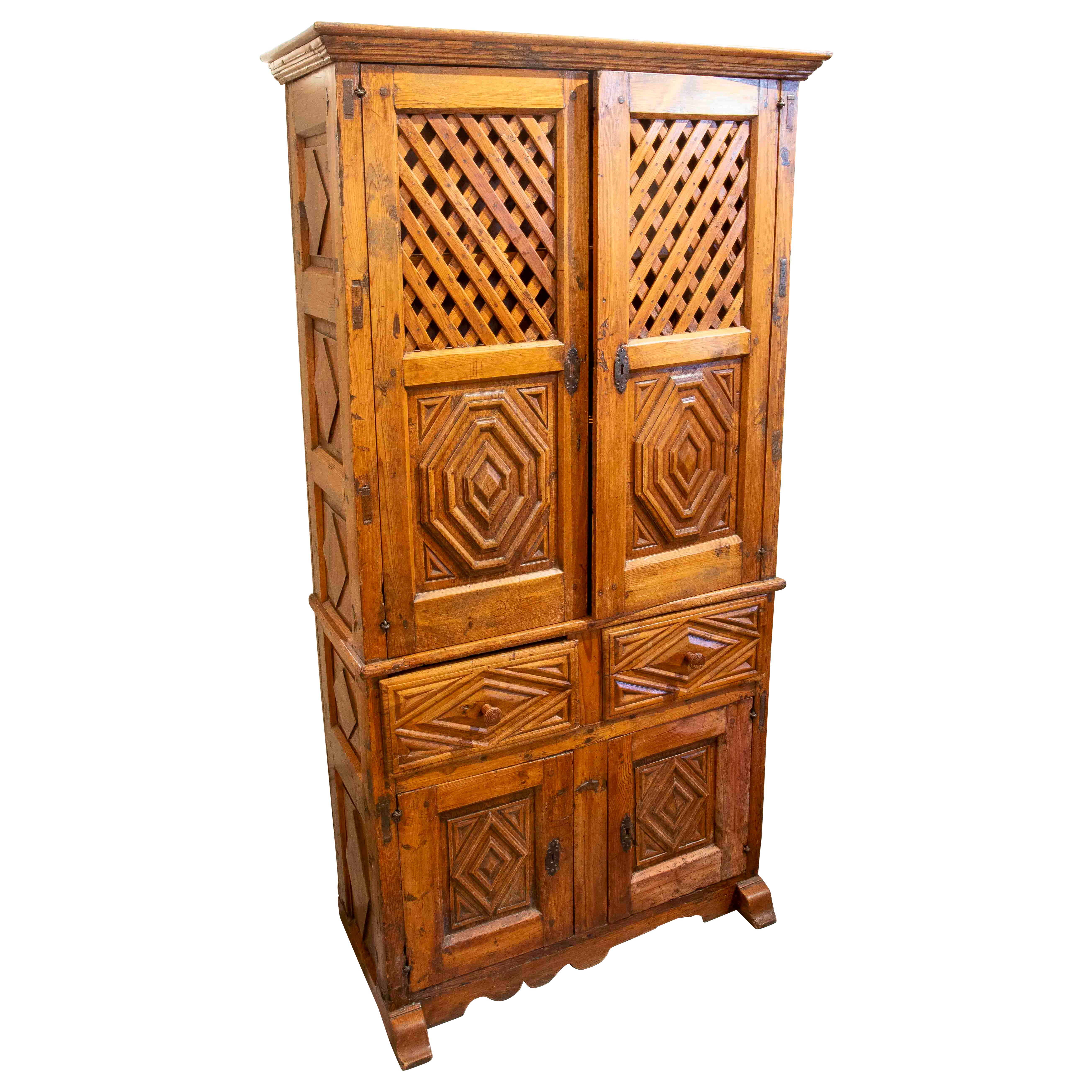 Antique Spanish Alacena Cupboard, Hand-Carved Solid Wood, 1780