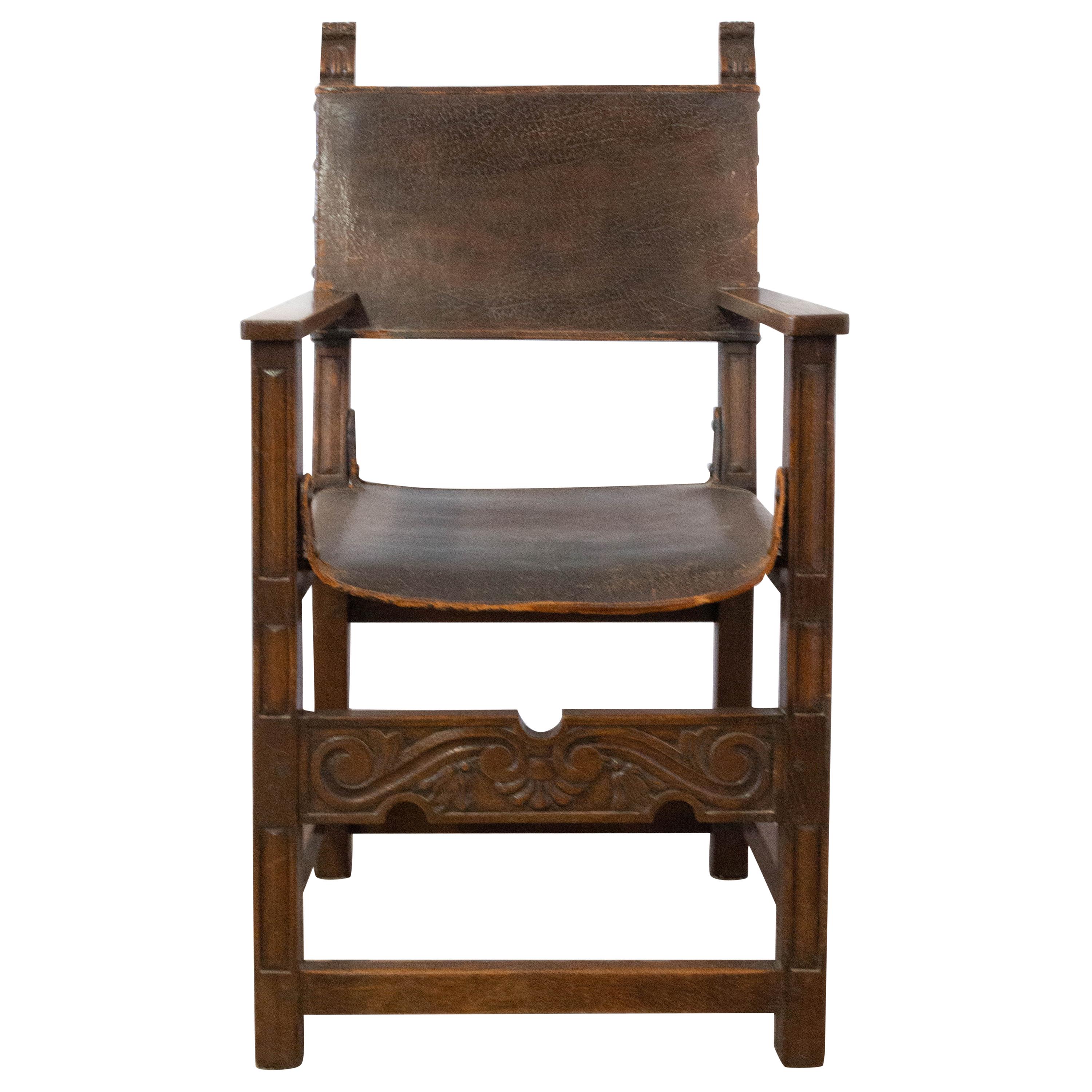 Antique Spanish Armchair Early 20th Century Leather Oak For Sale
