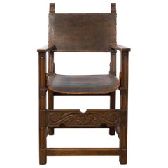 Antiquité Fauteuil Espagnol Début 20ème siècle Cuir Oak