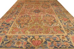 Antique Spanish rug in Beige-Brown, Red and Blue Floral Pattern