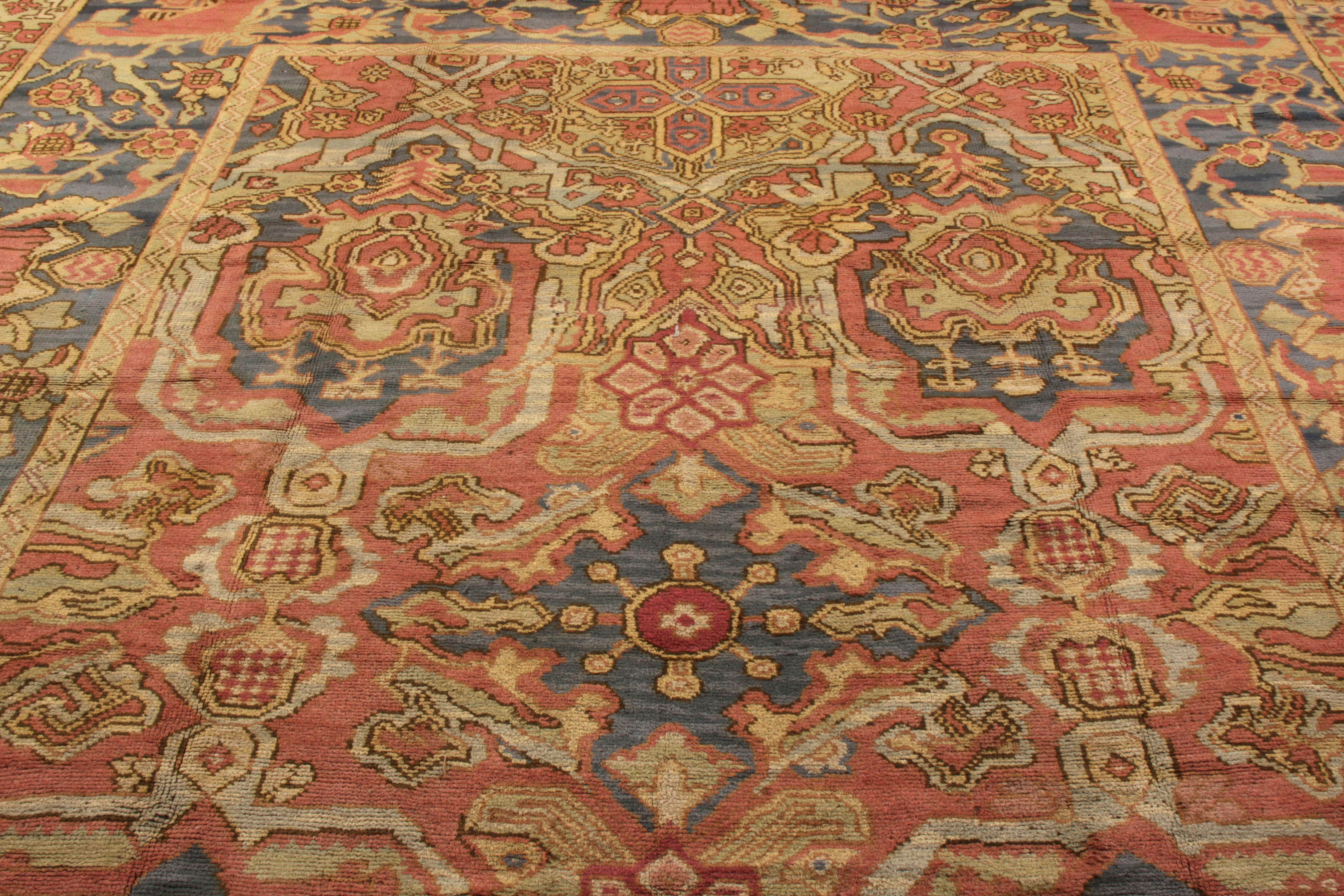 Hand-Knotted Antique Spanish rug in Beige-Brown, Red and Blue Floral Pattern  For Sale