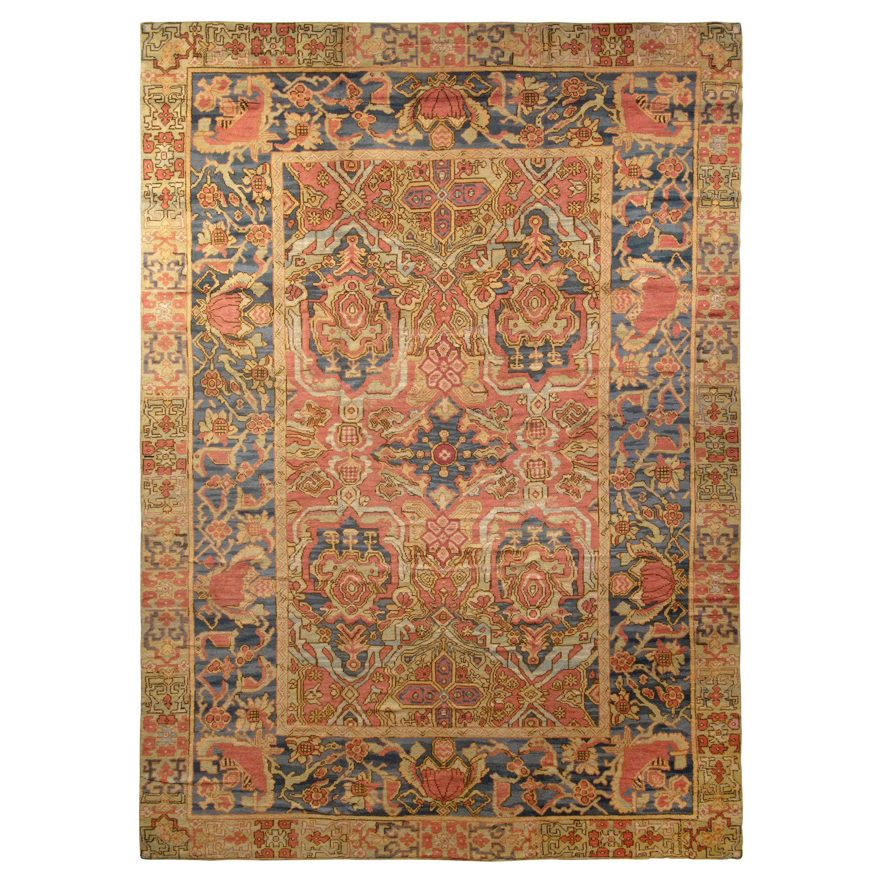 Tapis espagnol ancien à motifs floraux beige-marron, rouge et bleu 