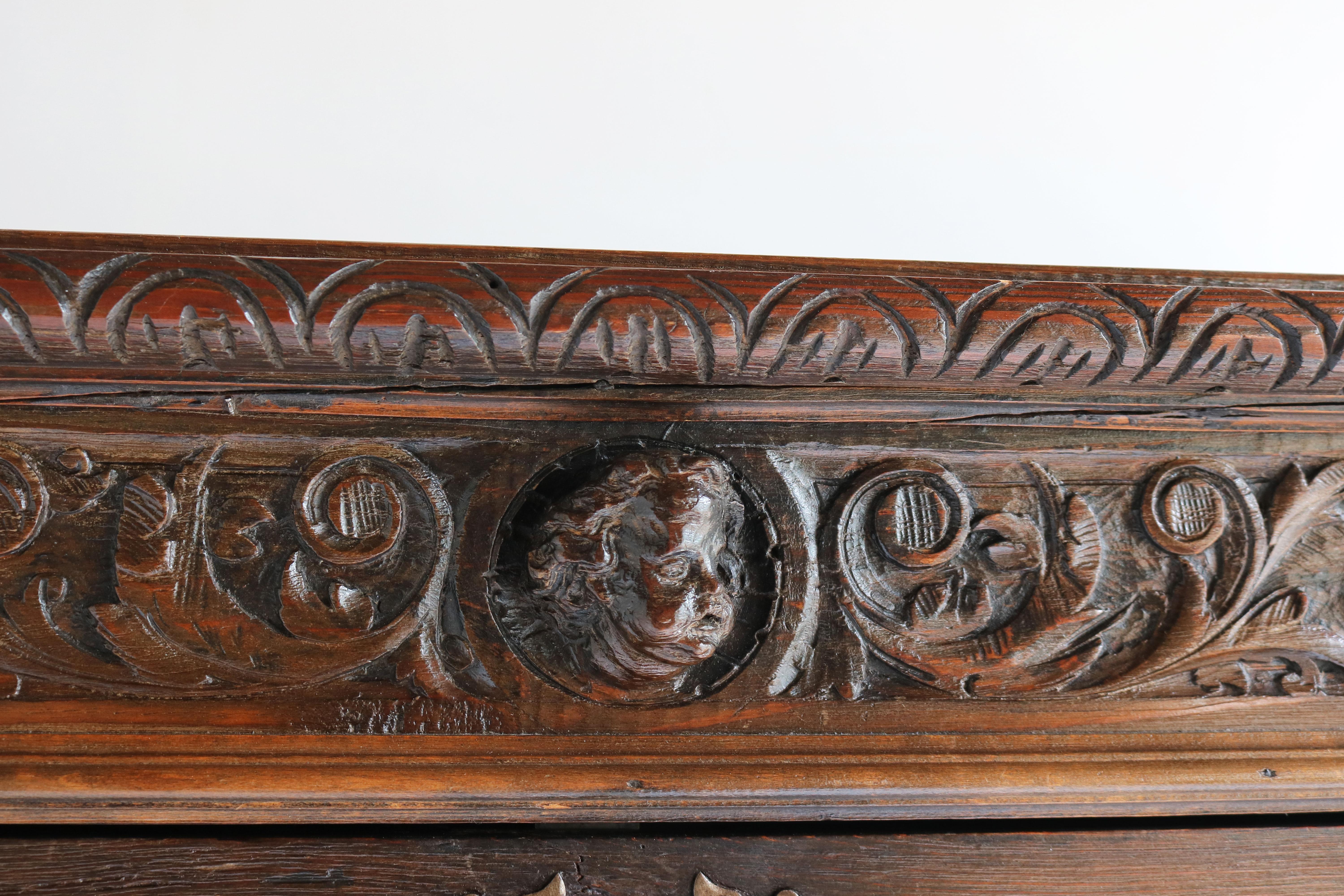 Antique Spanish Bargueño 19th Century Renaissance Bar Cabinet Oak Bobbin Carved 6