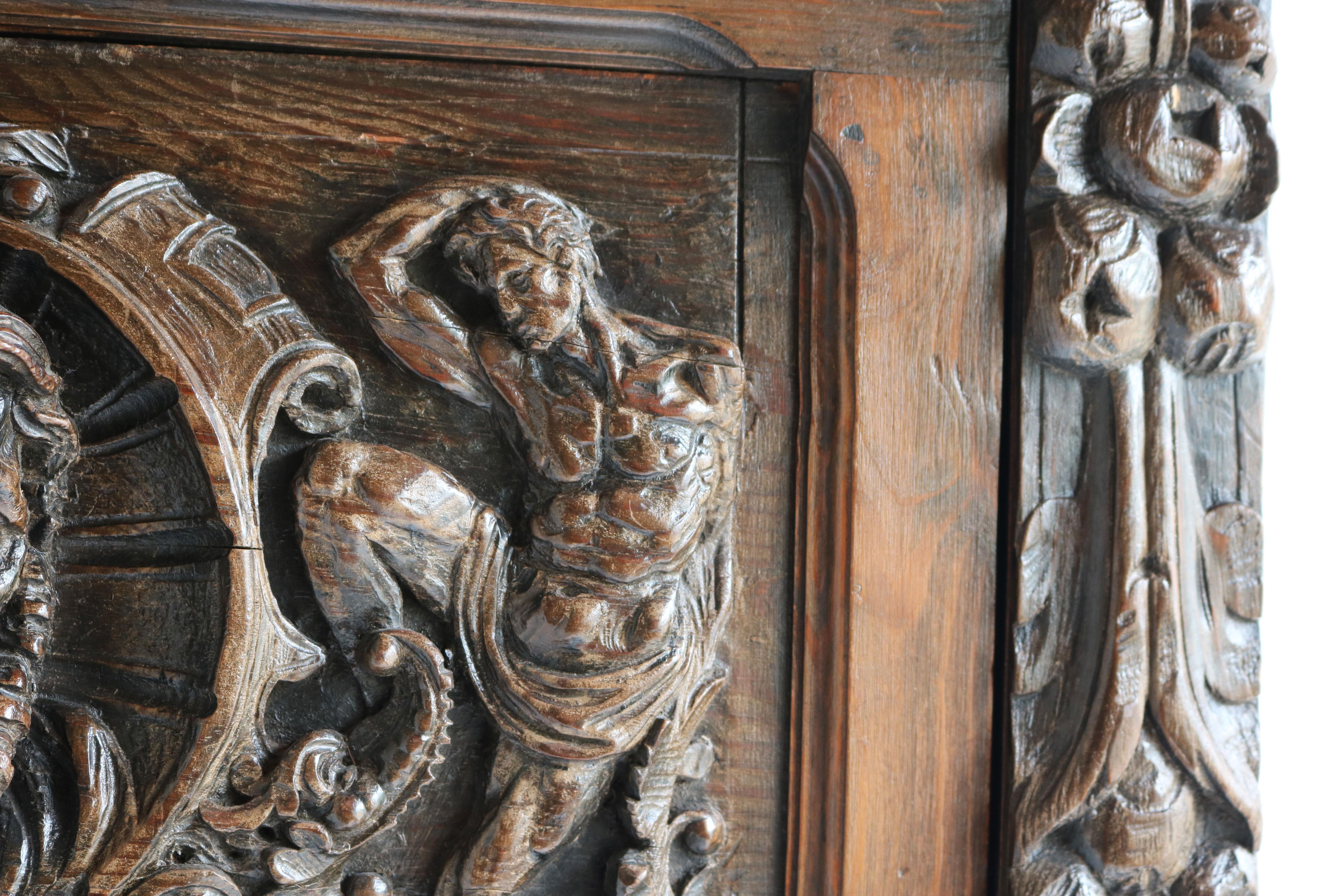Antique Spanish Bargueño 19th Century Renaissance Bar Cabinet Oak Bobbin Carved 9
