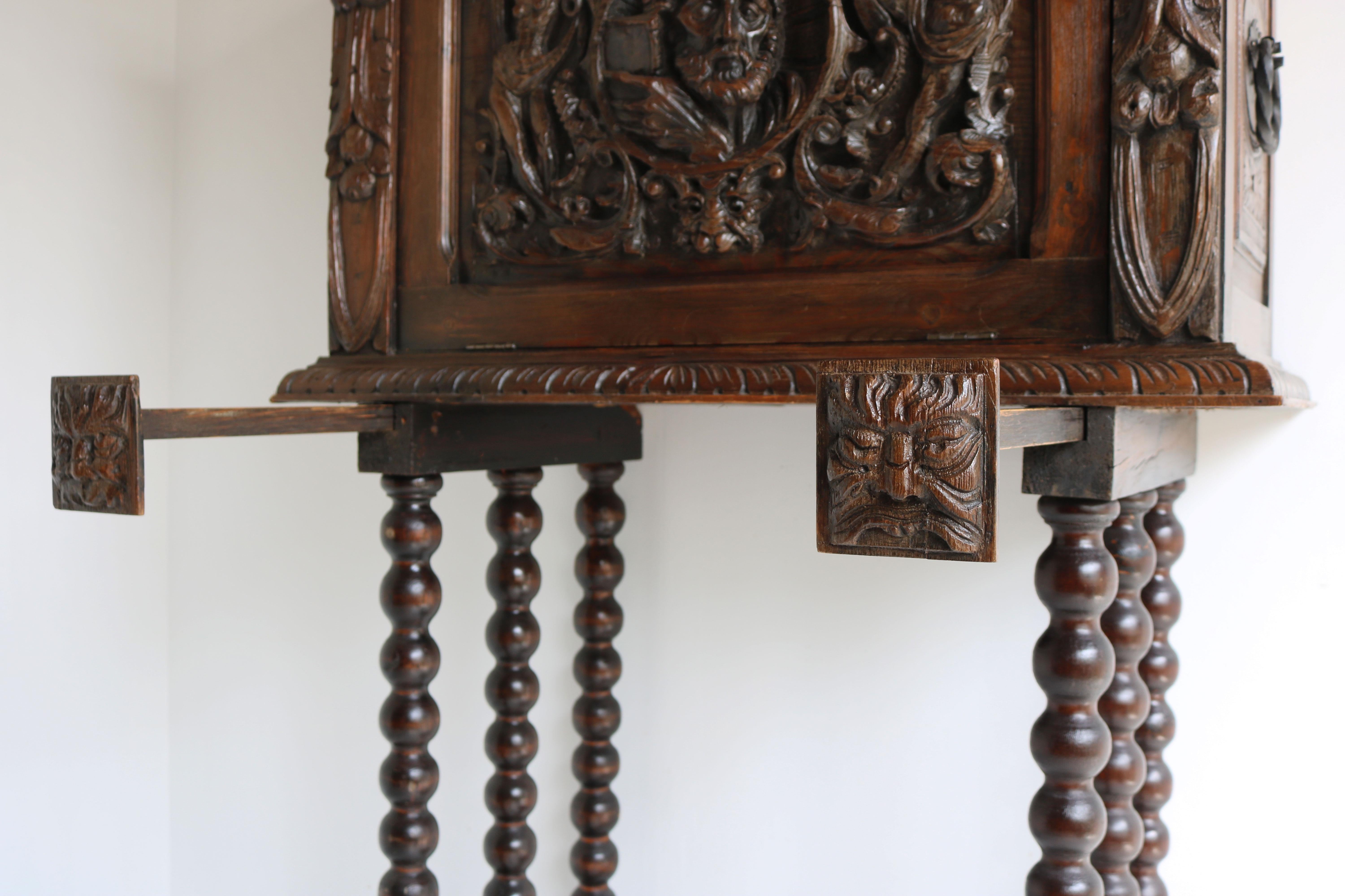 Renaissance Revival Antique Spanish Bargueño 19th Century Renaissance Bar Cabinet Oak Bobbin Carved