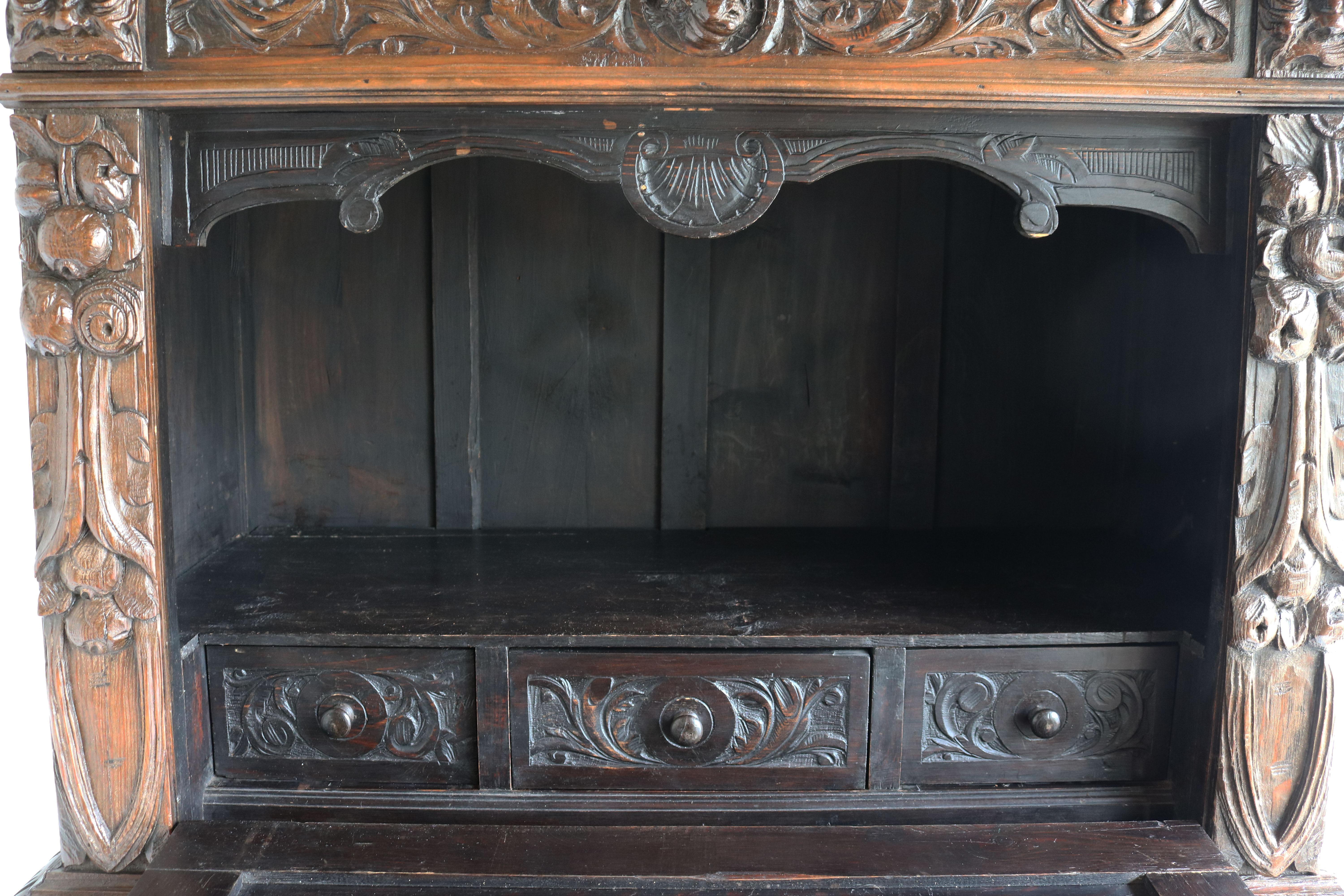 Antique Spanish Bargueño 19th Century Renaissance Bar Cabinet Oak Bobbin Carved 1