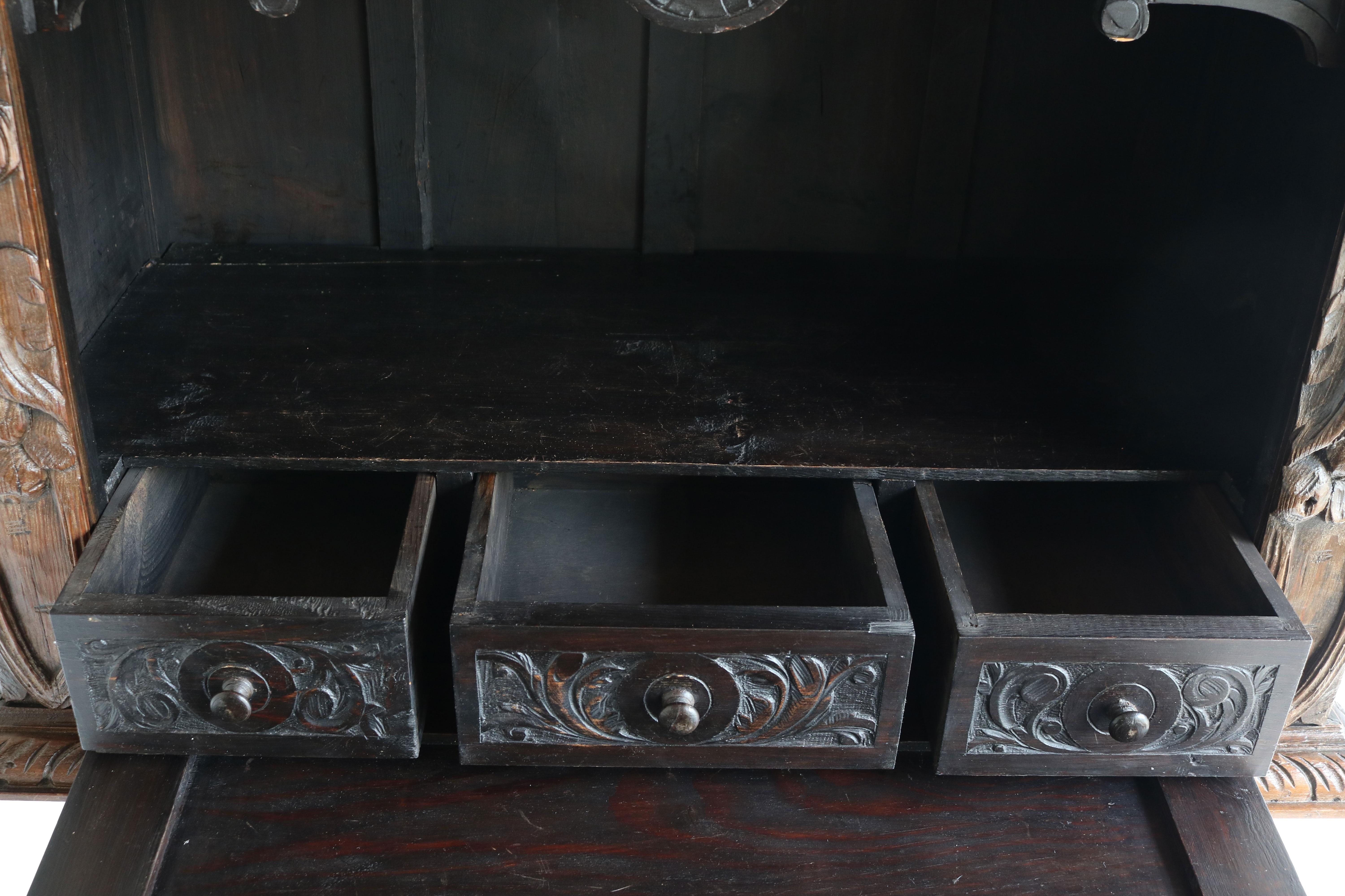 Antique Spanish Bargueño 19th Century Renaissance Bar Cabinet Oak Bobbin Carved 2