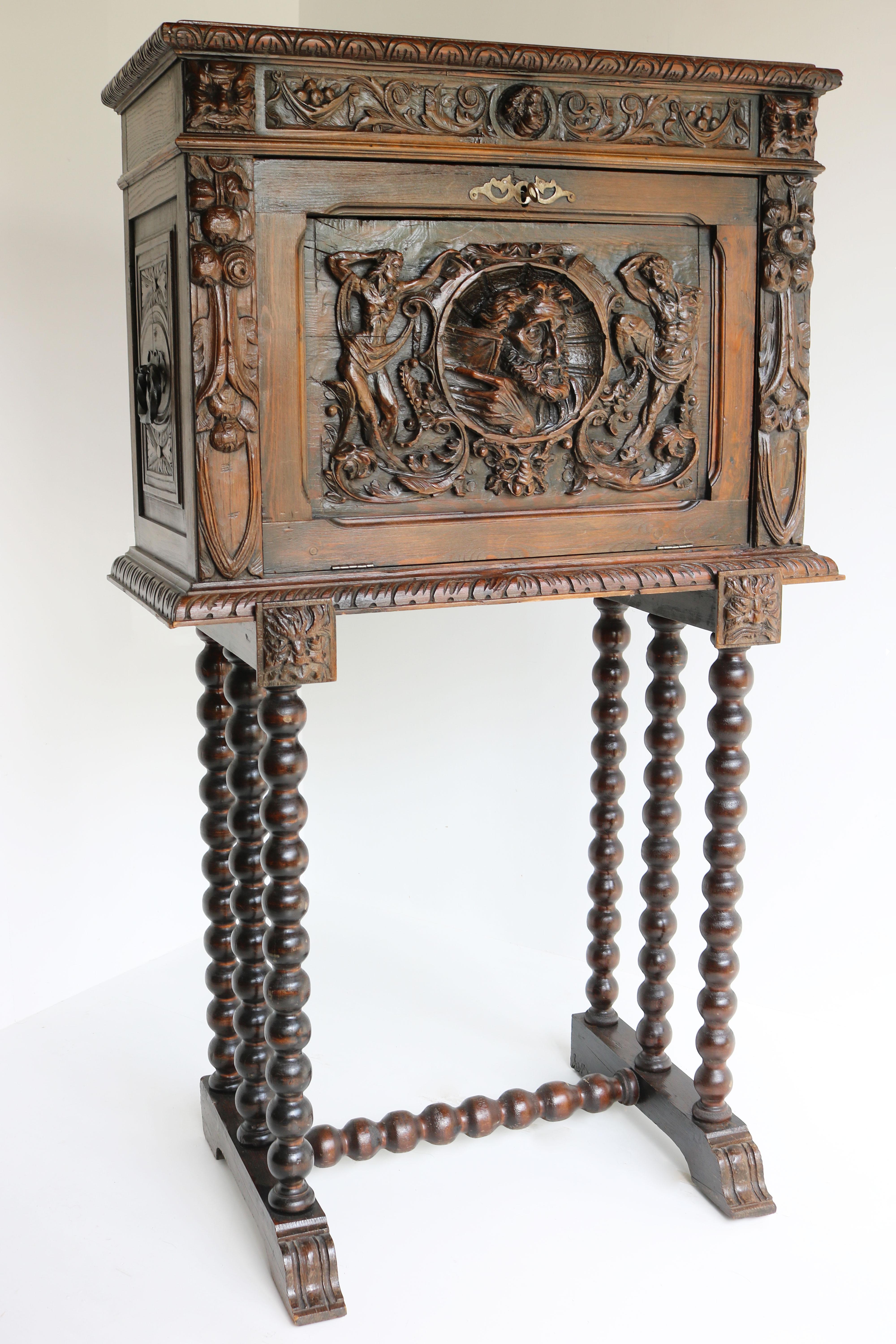 Antique Spanish Bargueño 19th Century Renaissance Bar Cabinet Oak Bobbin Carved 3