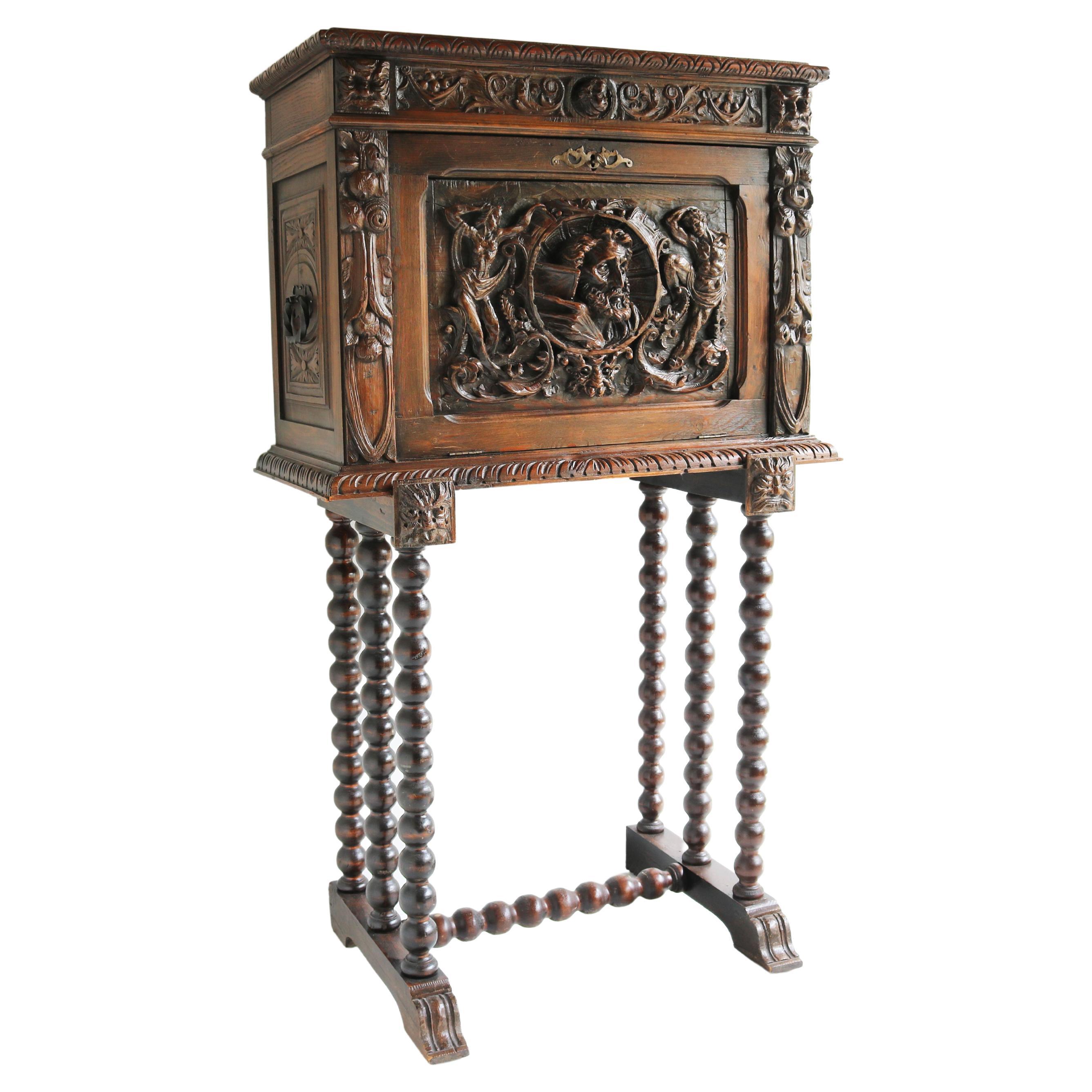 Antique Spanish Bargueño 19th Century Renaissance Bar Cabinet Oak Bobbin Carved