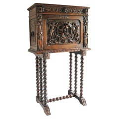 Ancien Bargueño espagnol 19ème siècle Renaissance Bar Cabinet Oak Bobbin Sculpté