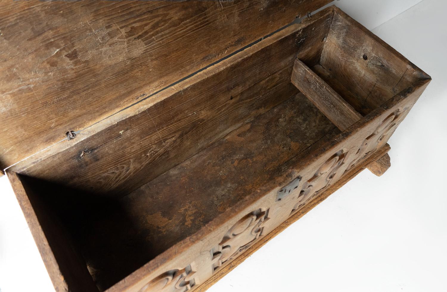 Antique Spanish Baroque Carved Elm Blanket Box Coffer, 17th Century Chest  6