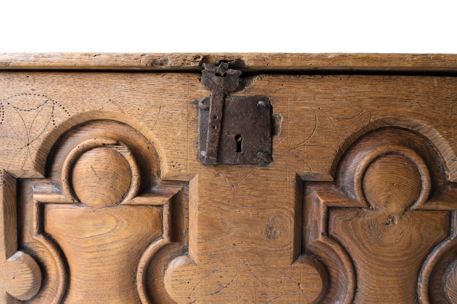 18th Century and Earlier Antique Spanish Baroque Carved Elm Blanket Box Coffer, 17th Century Chest 