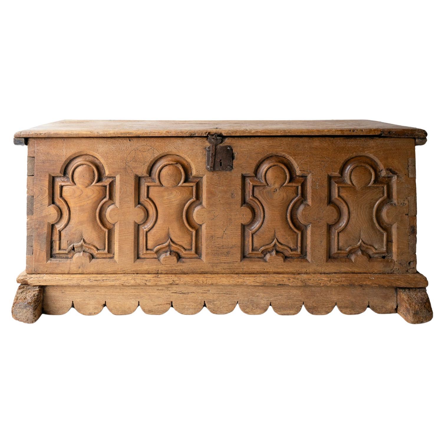 Antique Spanish Baroque Carved Elm Blanket Box Coffer, 17th Century Chest 