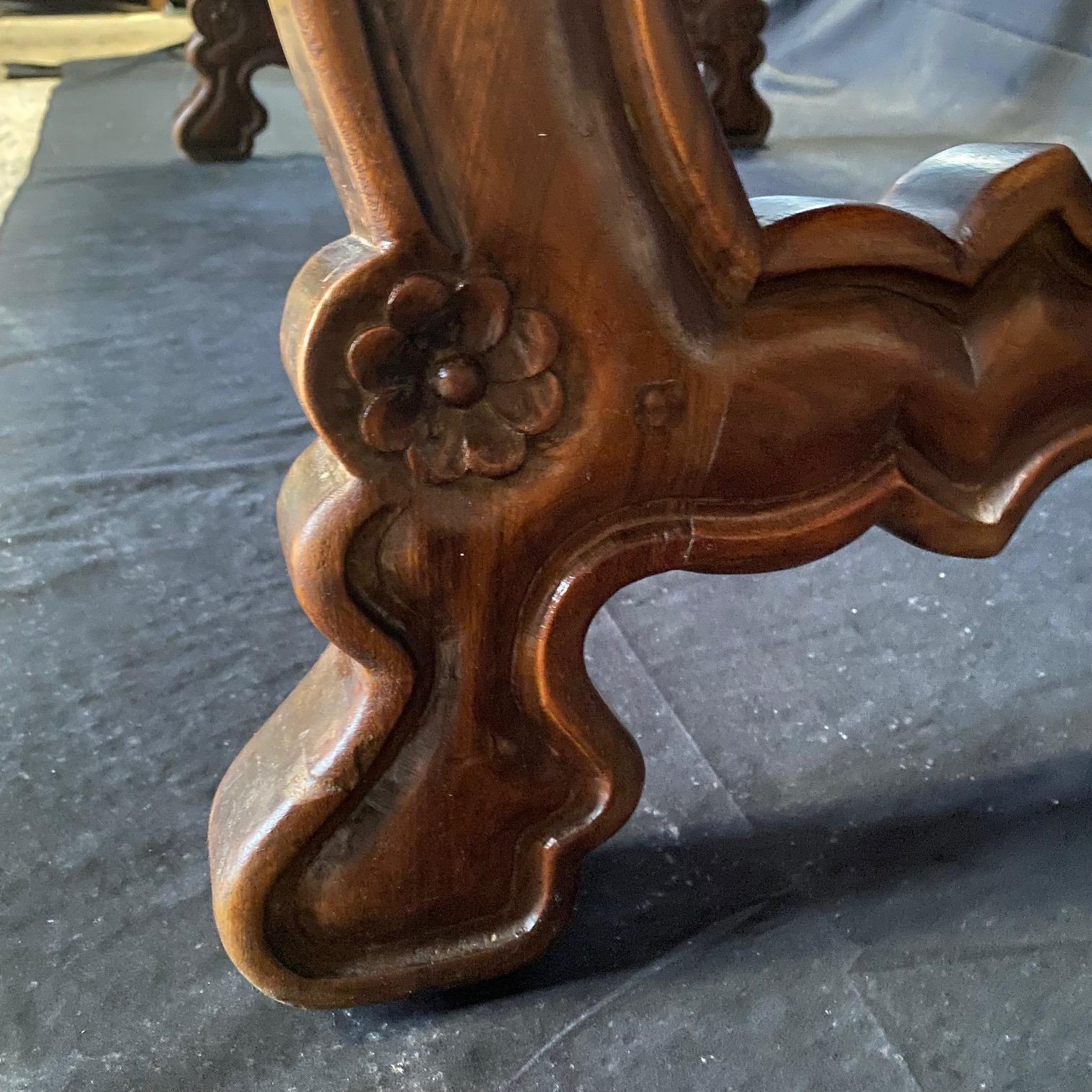 Antique Spanish Baroque Carved Walnut Lyre Leg Trestle Farm Table 5