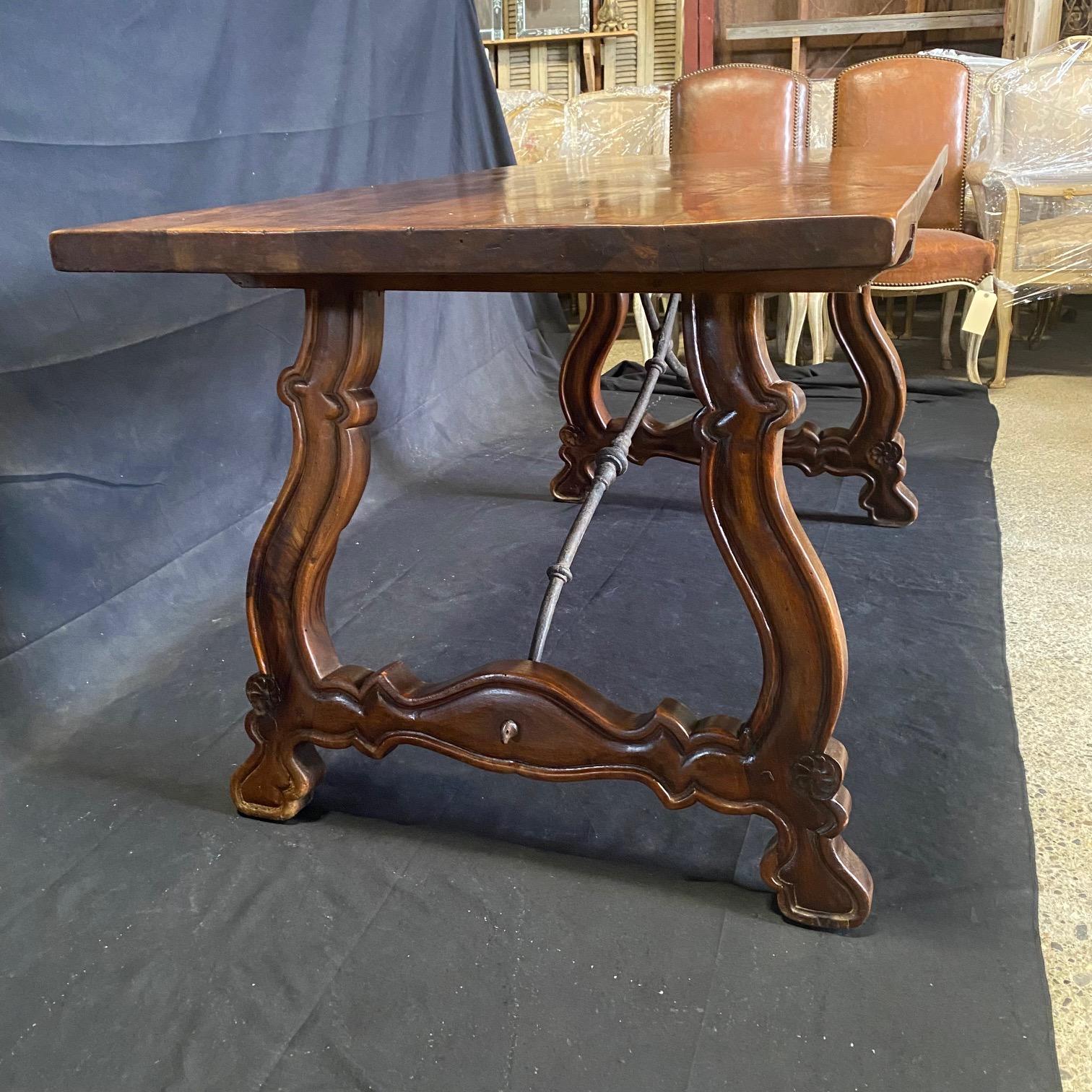 Antique Spanish Baroque Carved Walnut Lyre Leg Trestle Farm Table 1