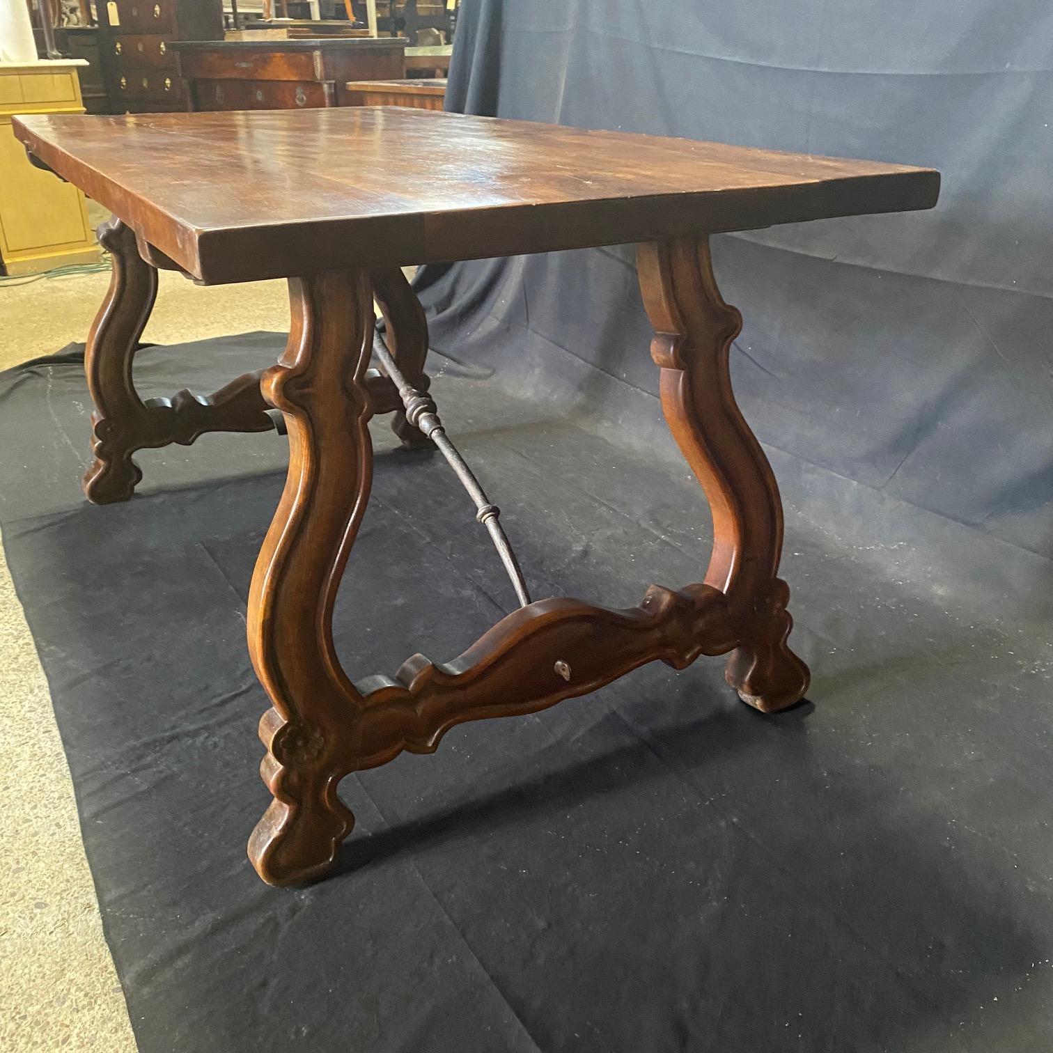 Antique Spanish Baroque Carved Walnut Lyre Leg Trestle Farm Table 2