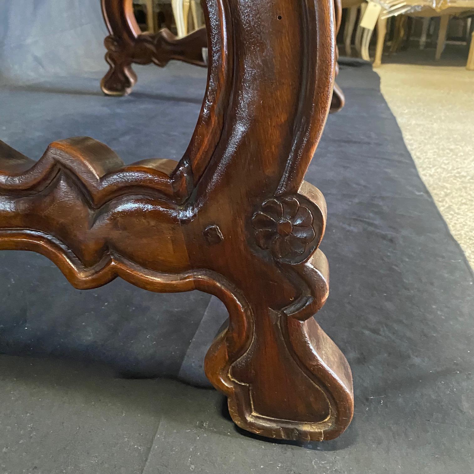 Antique Spanish Baroque Carved Walnut Lyre Leg Trestle Farm Table 4