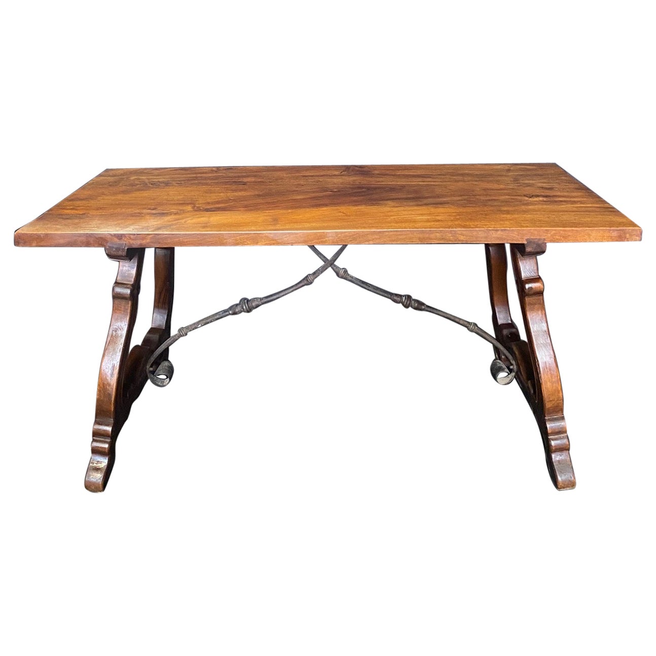 Antique Spanish Baroque Carved Walnut Lyre Leg Trestle Farm Table