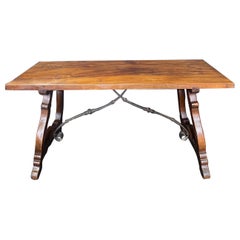 Antique Spanish Baroque Carved Walnut Lyre Leg Trestle Farm Table