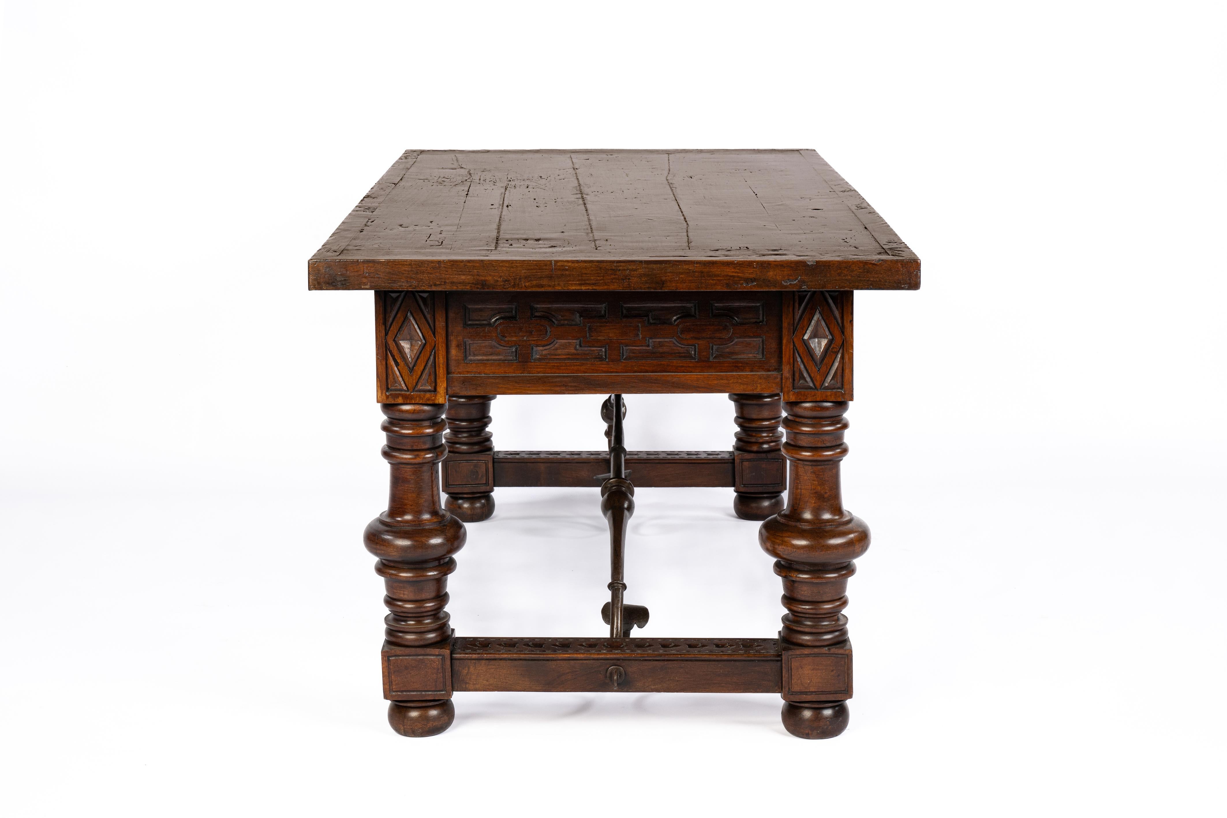Forged Antique Spanish Baroque Chestnut writing table or desk with turned legs For Sale