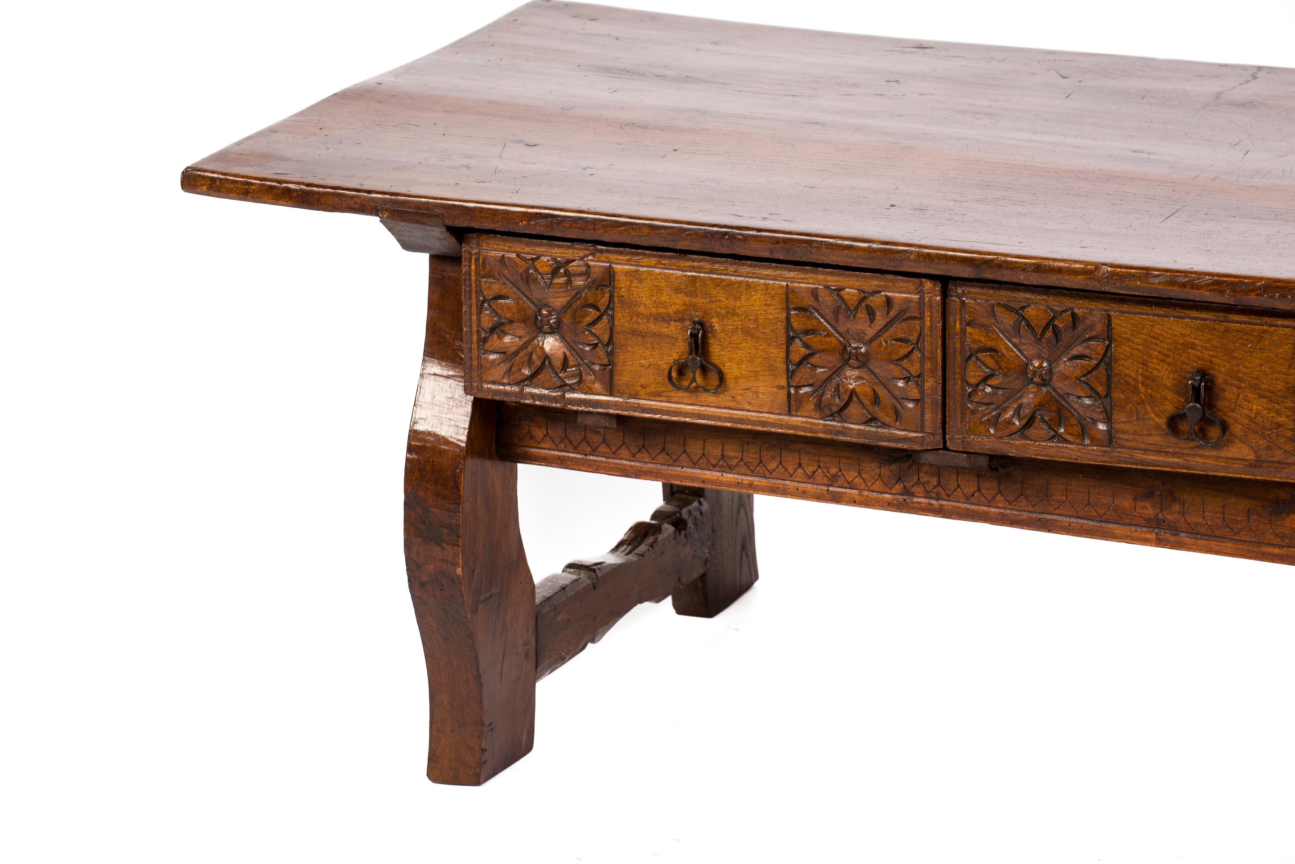 19th Century Antique Spanish Baroque Coffee Table in Solid Chestnut with Honey Color Finish