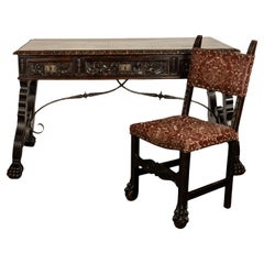 Antique Spanish Baroque Hand-Carved Walnut & Iron Trestle Desk & Chair 1860