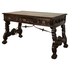 Antique Spanish Baroque Hand-Carved Walnut & Iron Trestle Desk & Chair 1860 