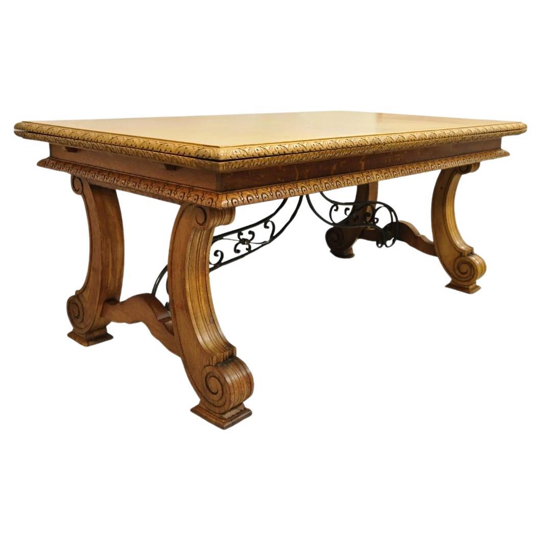 Antique Spanish Baroque Jacobean Oak Wood Refectory Extension Dining Table