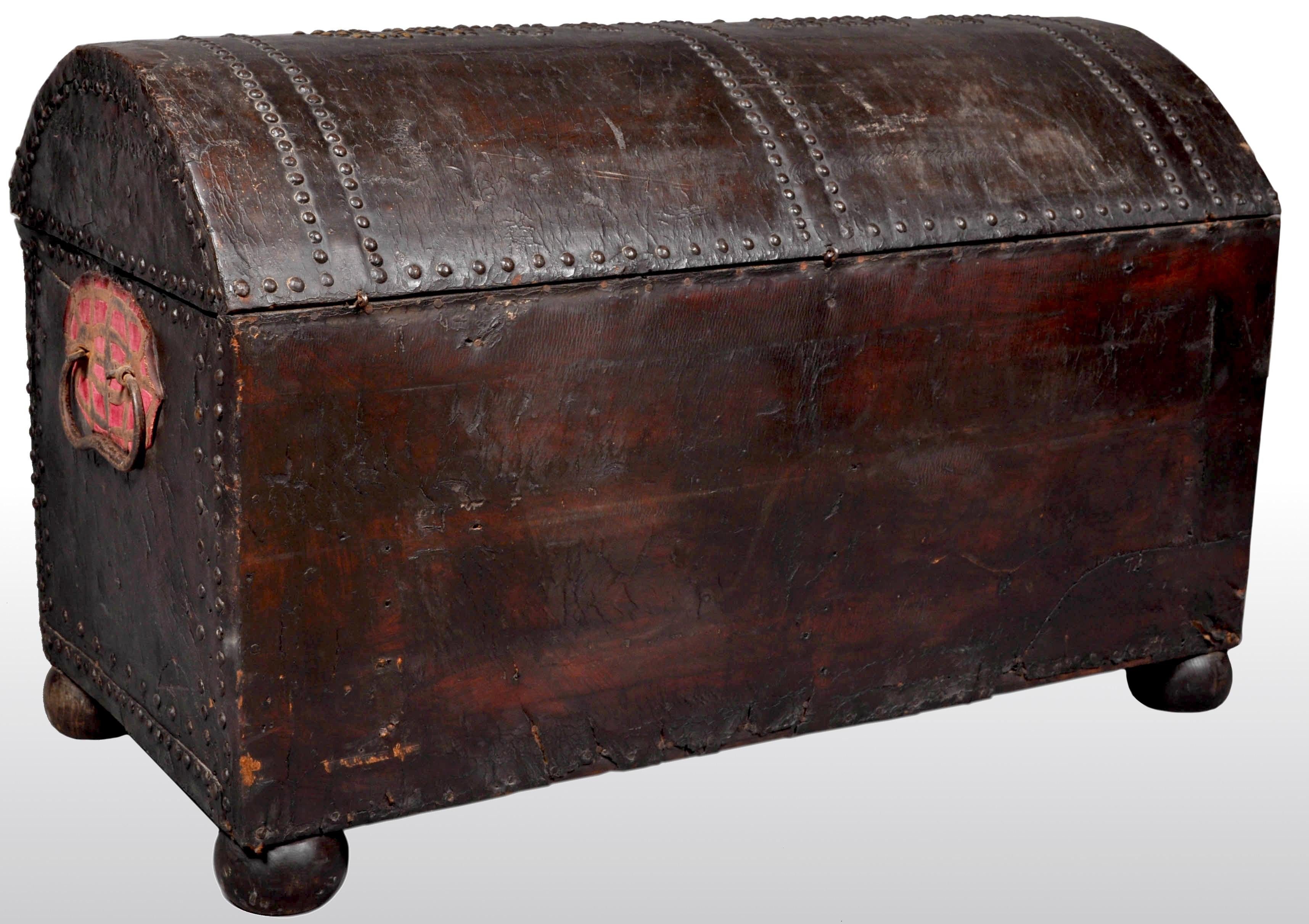 Antique Spanish Baroque Leather and Studded Wedding Trunk / Coffer, circa 1700 5