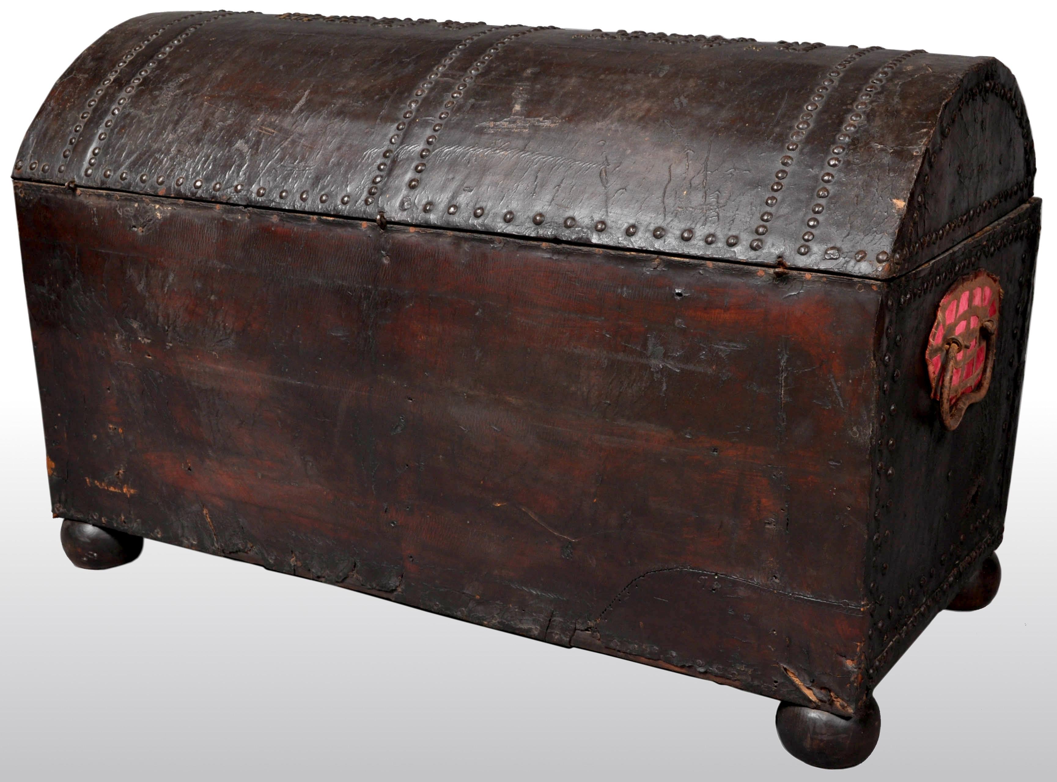 Antique Spanish Baroque Leather and Studded Wedding Trunk / Coffer, circa 1700 6