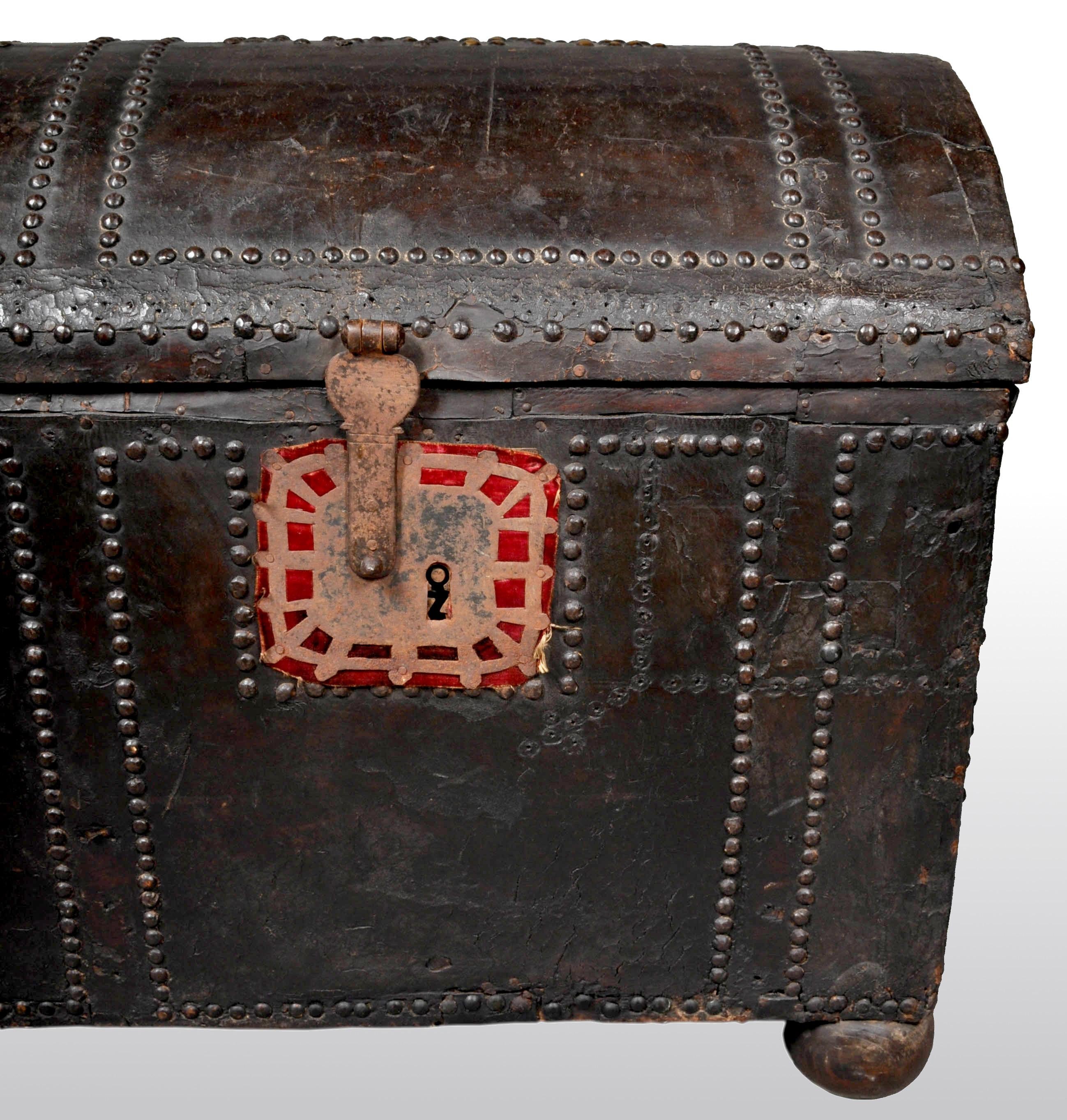 Early 18th Century Antique Spanish Baroque Leather and Studded Wedding Trunk / Coffer, circa 1700