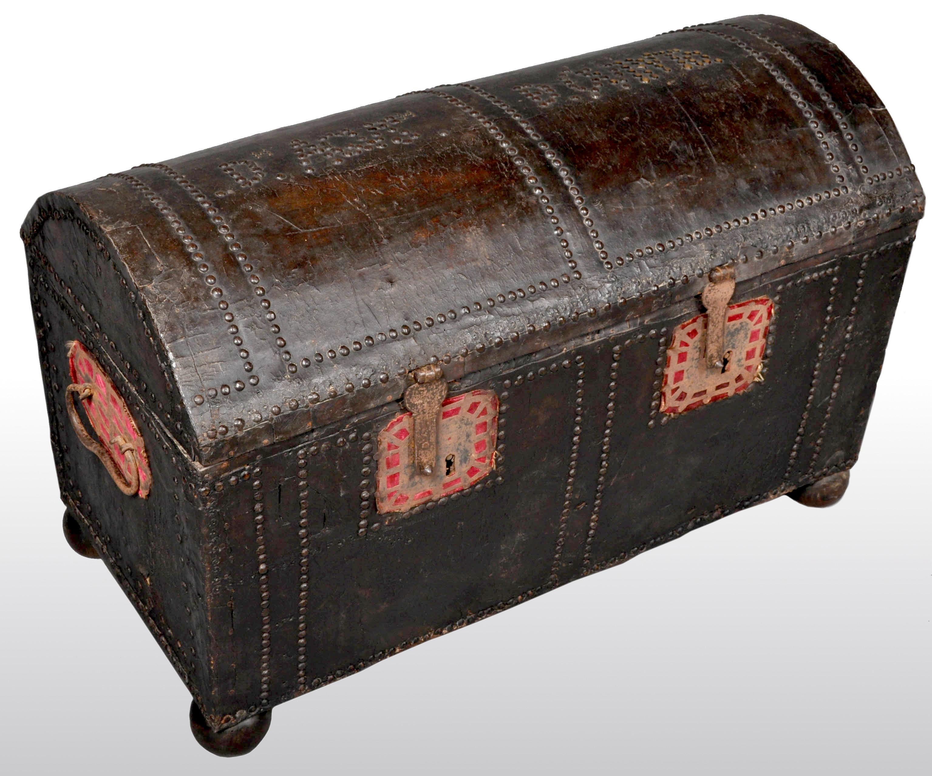 Antique Spanish Baroque Leather and Studded Wedding Trunk / Coffer, circa 1700 1