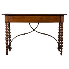 Antique Spanish Baroque Pine Console Table W/ Wrought Iron Stretcher