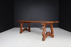 Antique Spanish Baroque Style Refectory Table with Carved Legs & Iron Stretcher