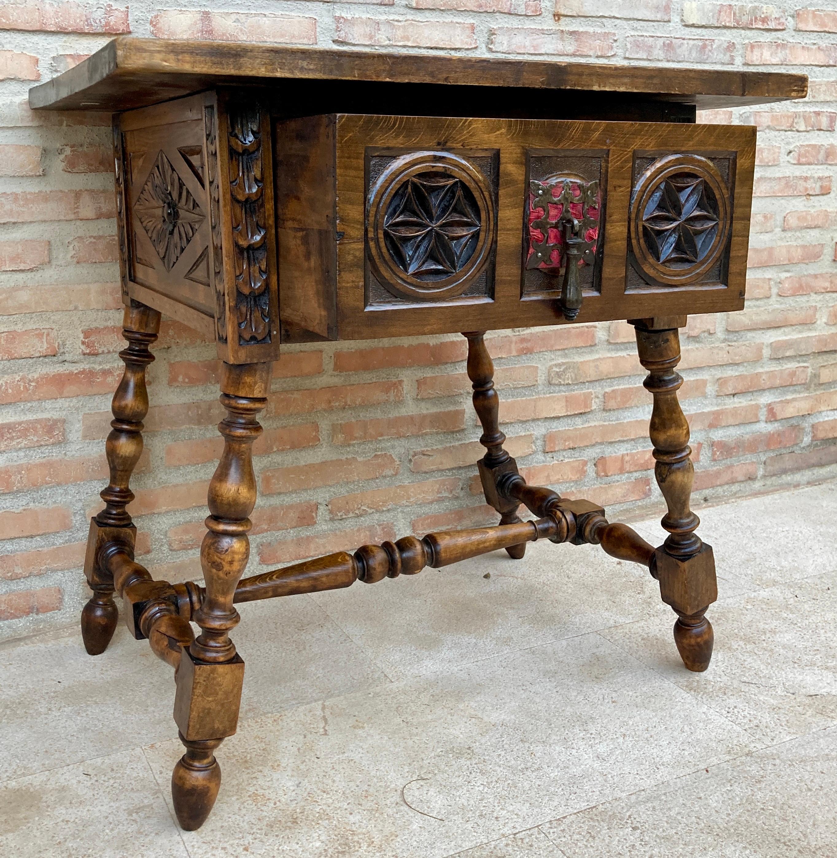 20th Century Antique Spanish Baroque Walnut Side Table with Carved Frame, 1890s For Sale