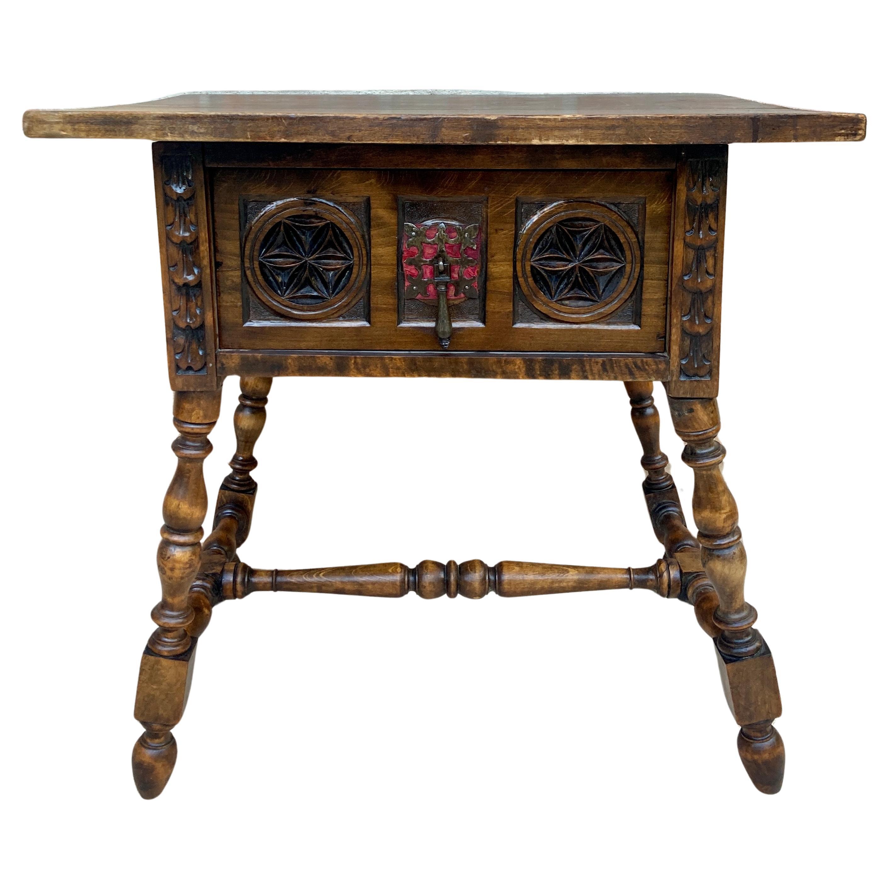 Antique Spanish Baroque Walnut Side Table with Carved Frame, 1890s For Sale