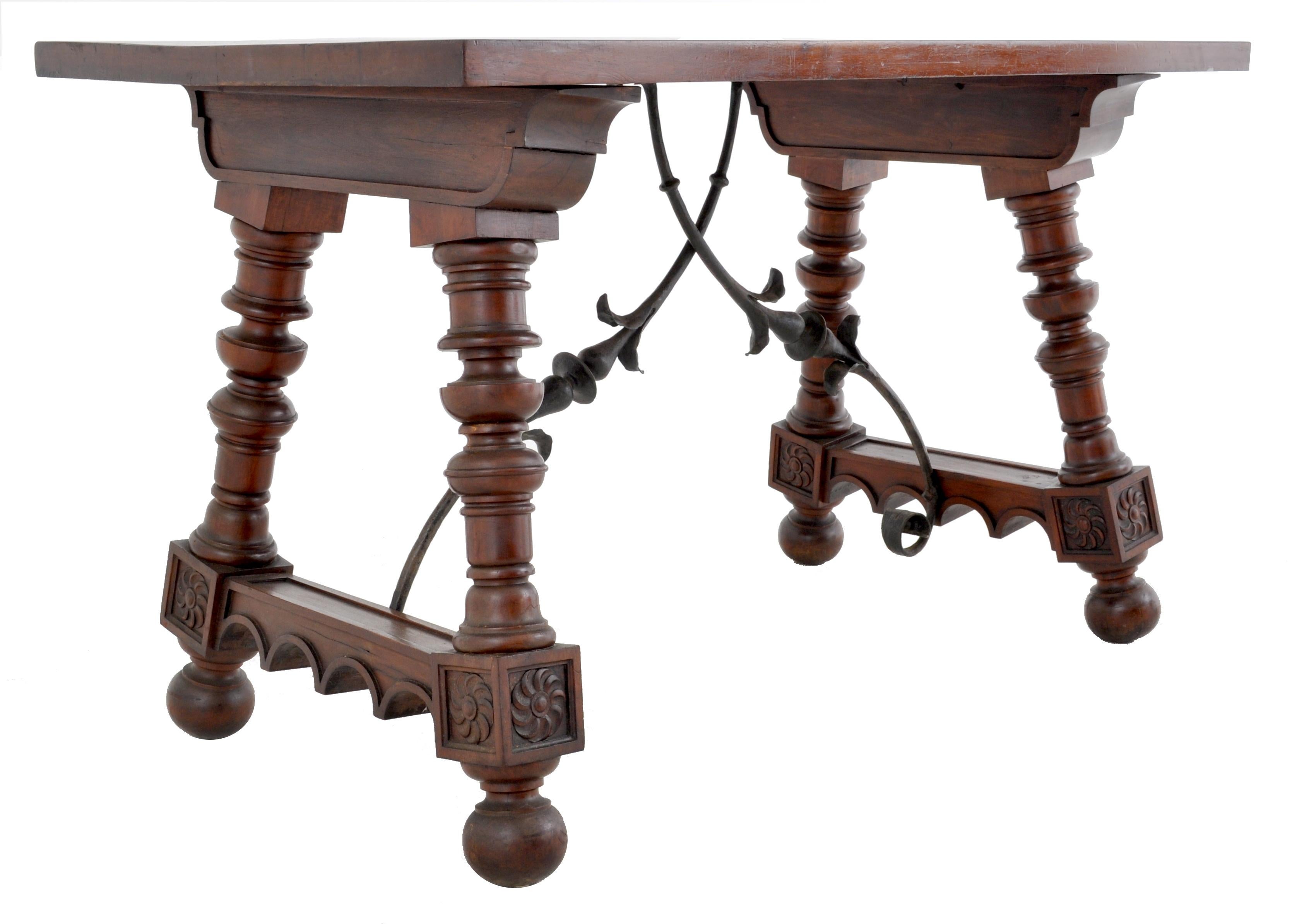 Antique Spanish Baroque Walnut Trestle Table, circa 1880 In Good Condition In Portland, OR