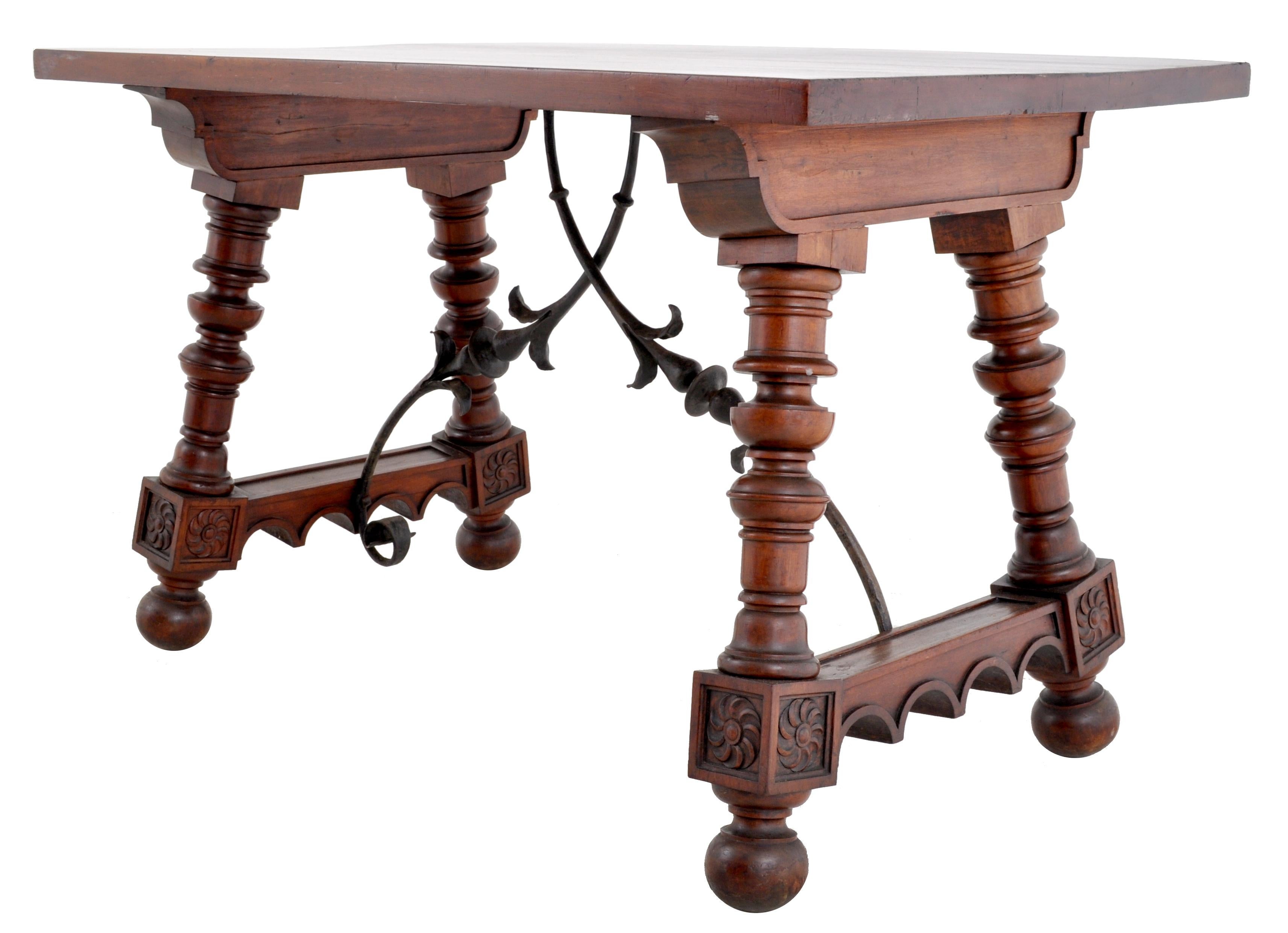19th Century Antique Spanish Baroque Walnut Trestle Table, circa 1880