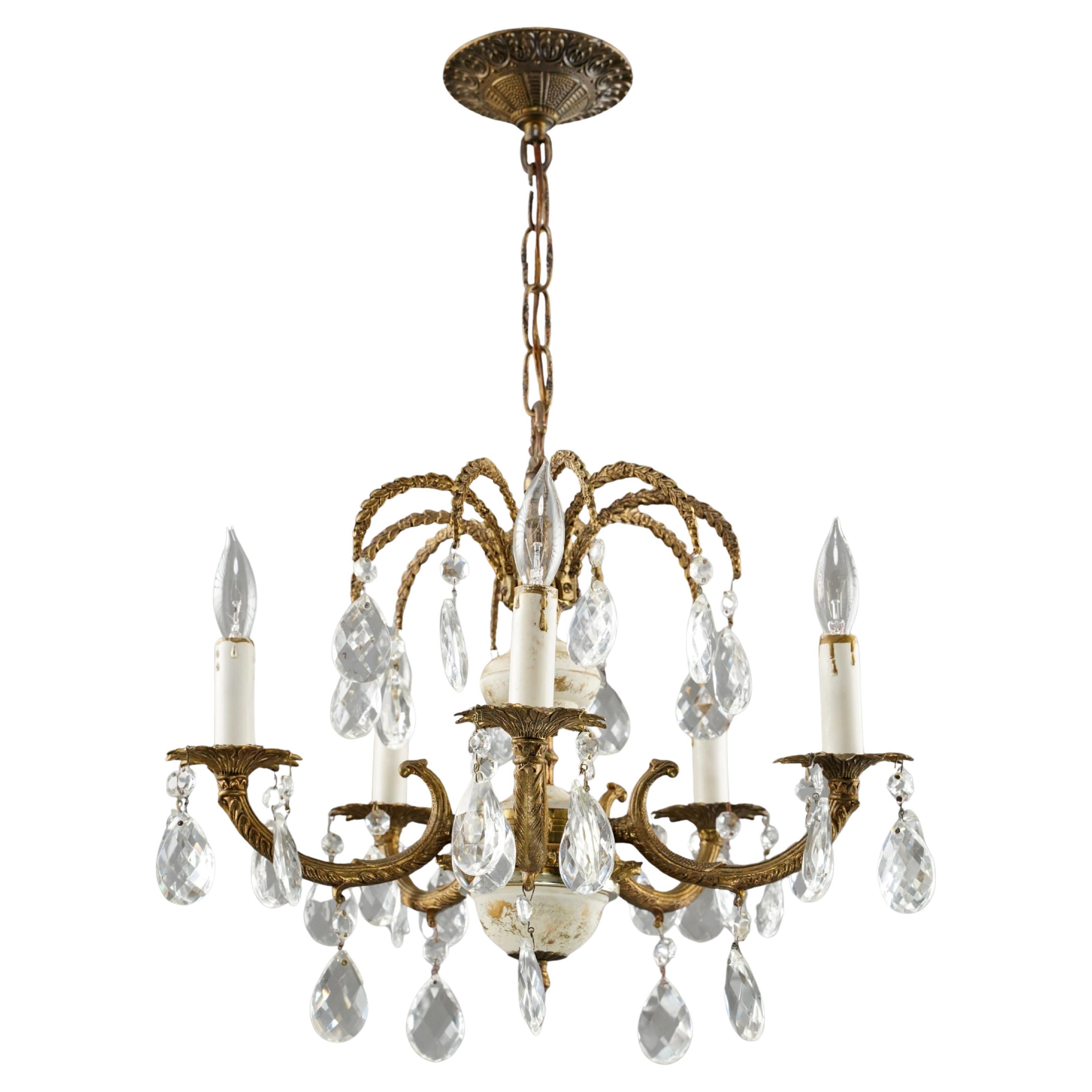 Antique Spanish Brass Crystal 5 Arm Chandelier