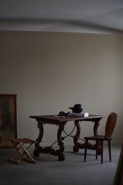 Antique Spanish Brutalist Table in Solid Oak & Wrought Iron, 19th Century