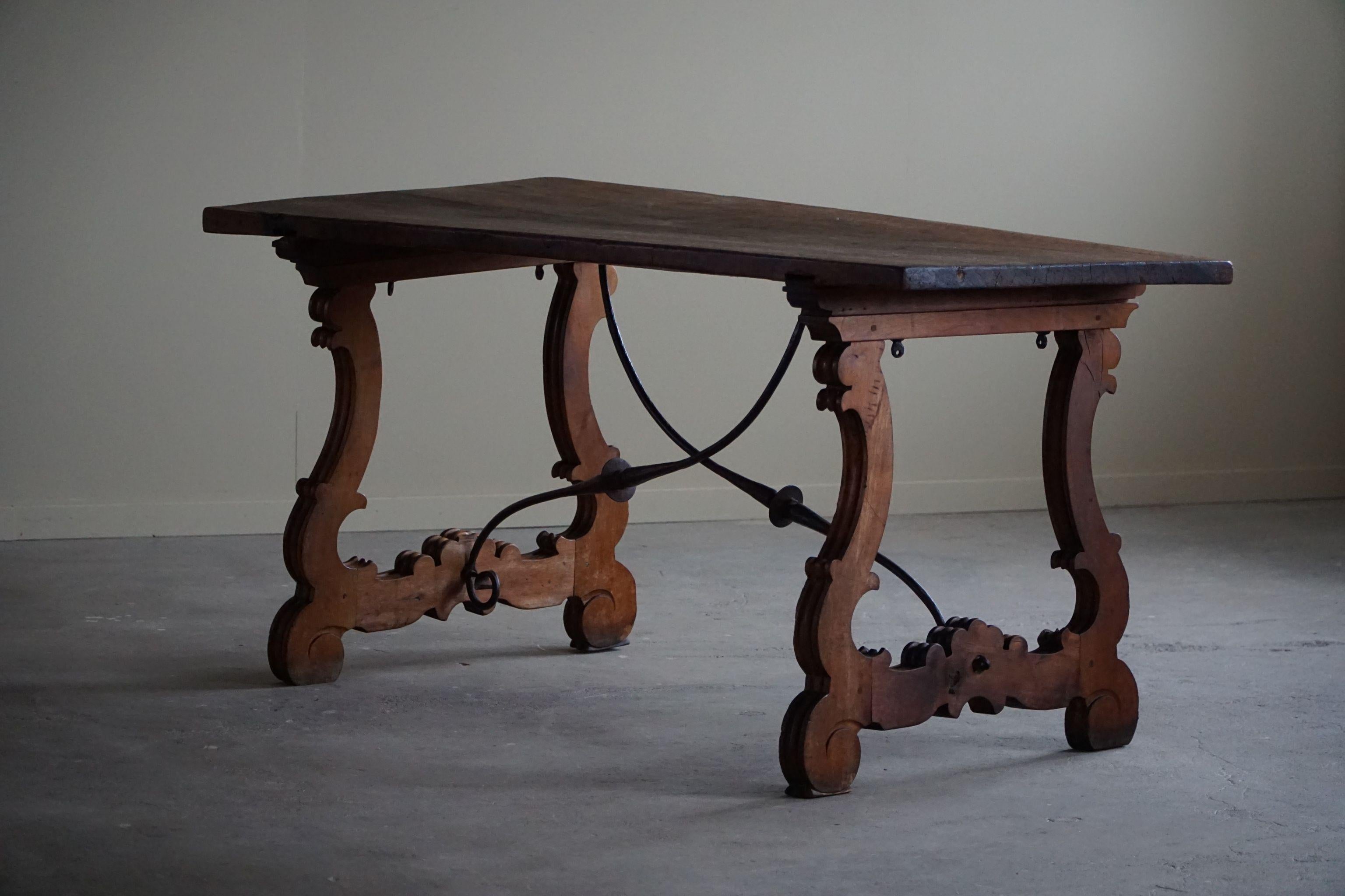 Hand-Crafted Antique Spanish Brutalist Table in Solid Oak & Wrought Iron, 19th Century For Sale
