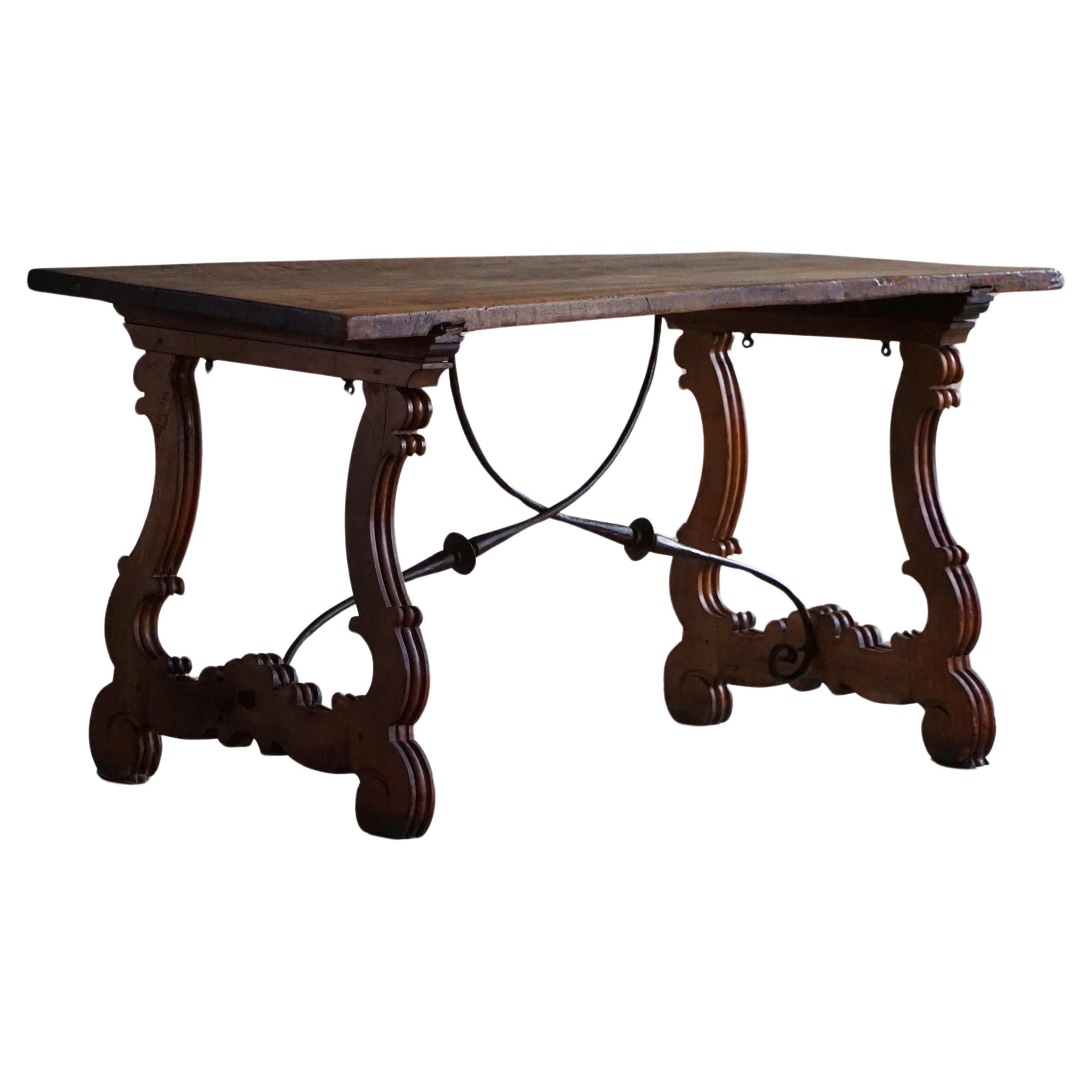 Antique Spanish Brutalist Table in Solid Oak & Wrought Iron, 19th Century For Sale